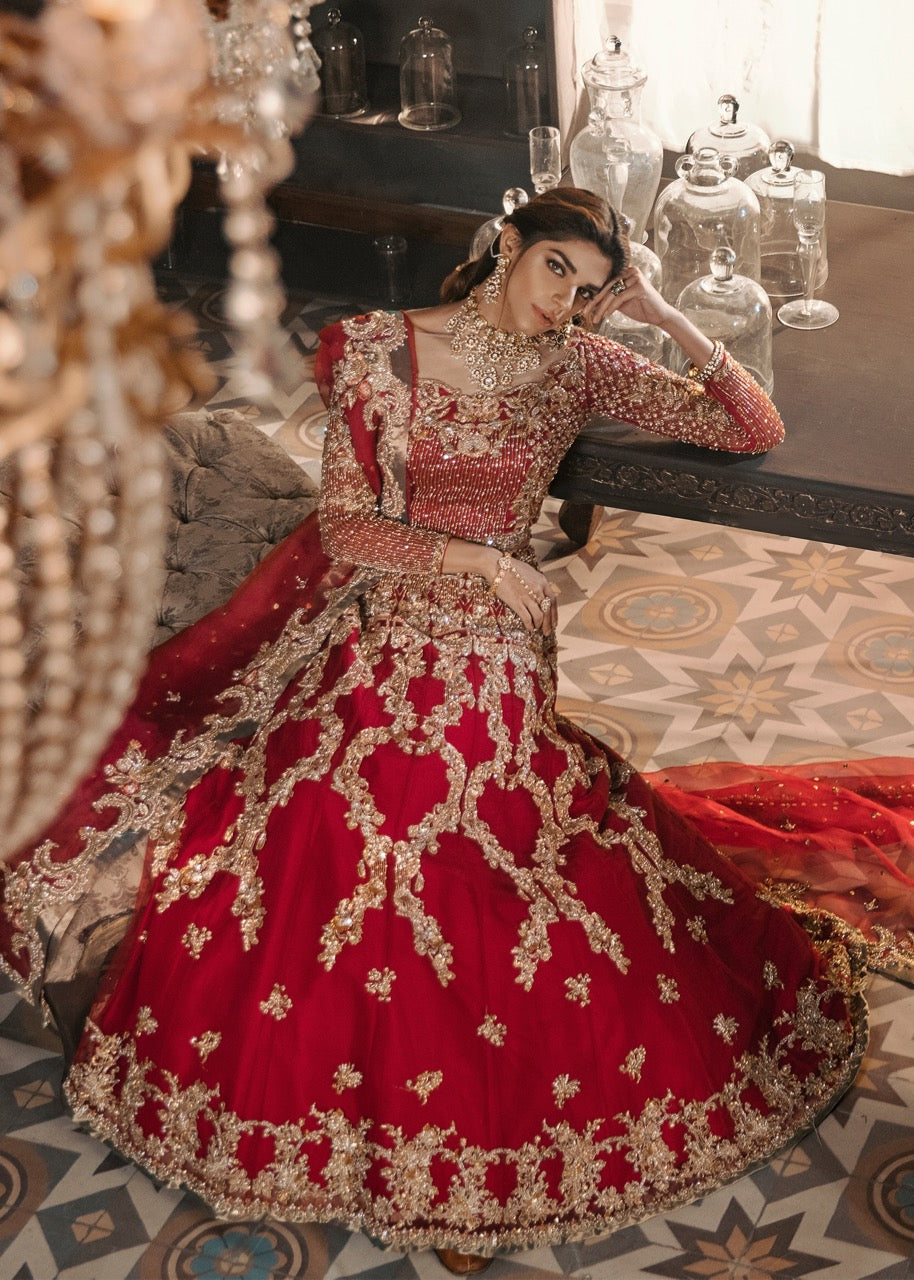 Pakistani Red Embroidered Korean Rawsilk Bridal Lehenga Choli (3-Piece) - Image 5