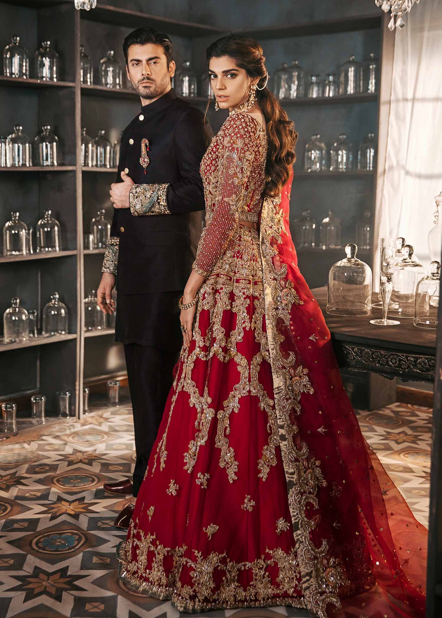 Pakistani Red Embroidered Korean Rawsilk Bridal Lehenga Choli (3-Piece) - Image 6