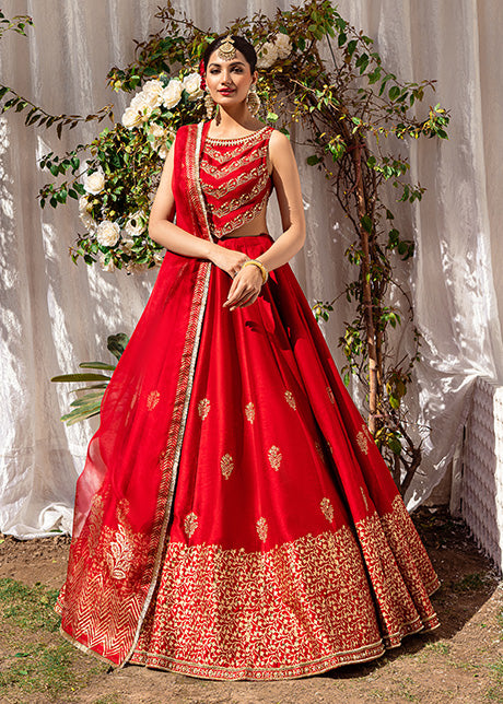 Pakistani Rave Red Zardozi Korean Rawsilk Lehenga Choli (3-Piece) - Image 1