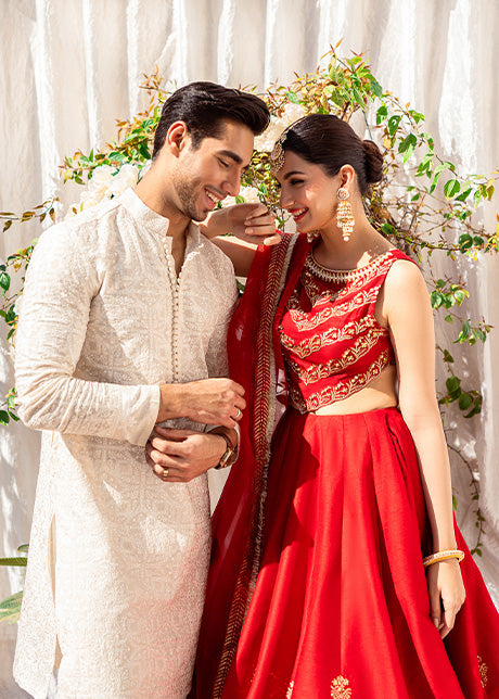 Pakistani Rave Red Zardozi Korean Rawsilk Lehenga Choli (3-Piece) - Image 3