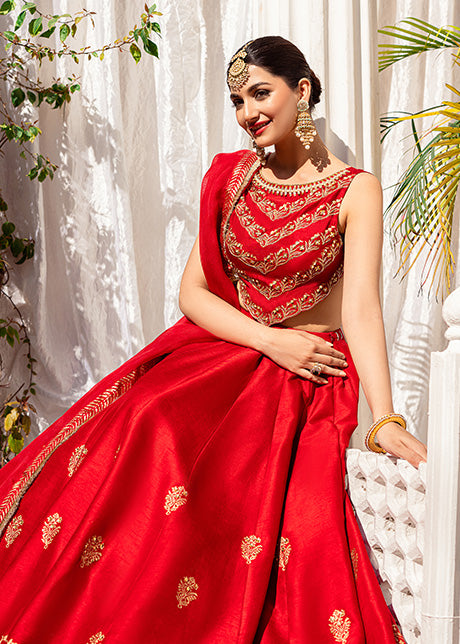 Pakistani Rave Red Zardozi Korean Rawsilk Lehenga Choli (3-Piece) - Image 4