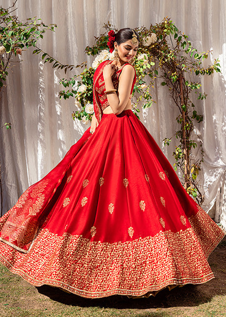 Pakistani Rave Red Zardozi Korean Rawsilk Lehenga Choli (3-Piece) - Image 5