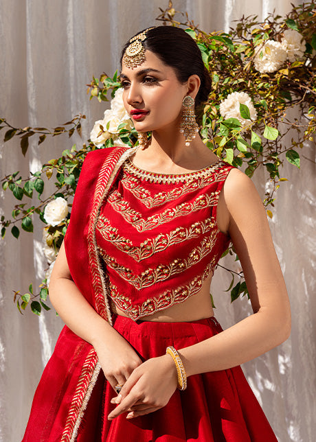 Pakistani Rave Red Zardozi Korean Rawsilk Lehenga Choli (3-Piece) - Image 7