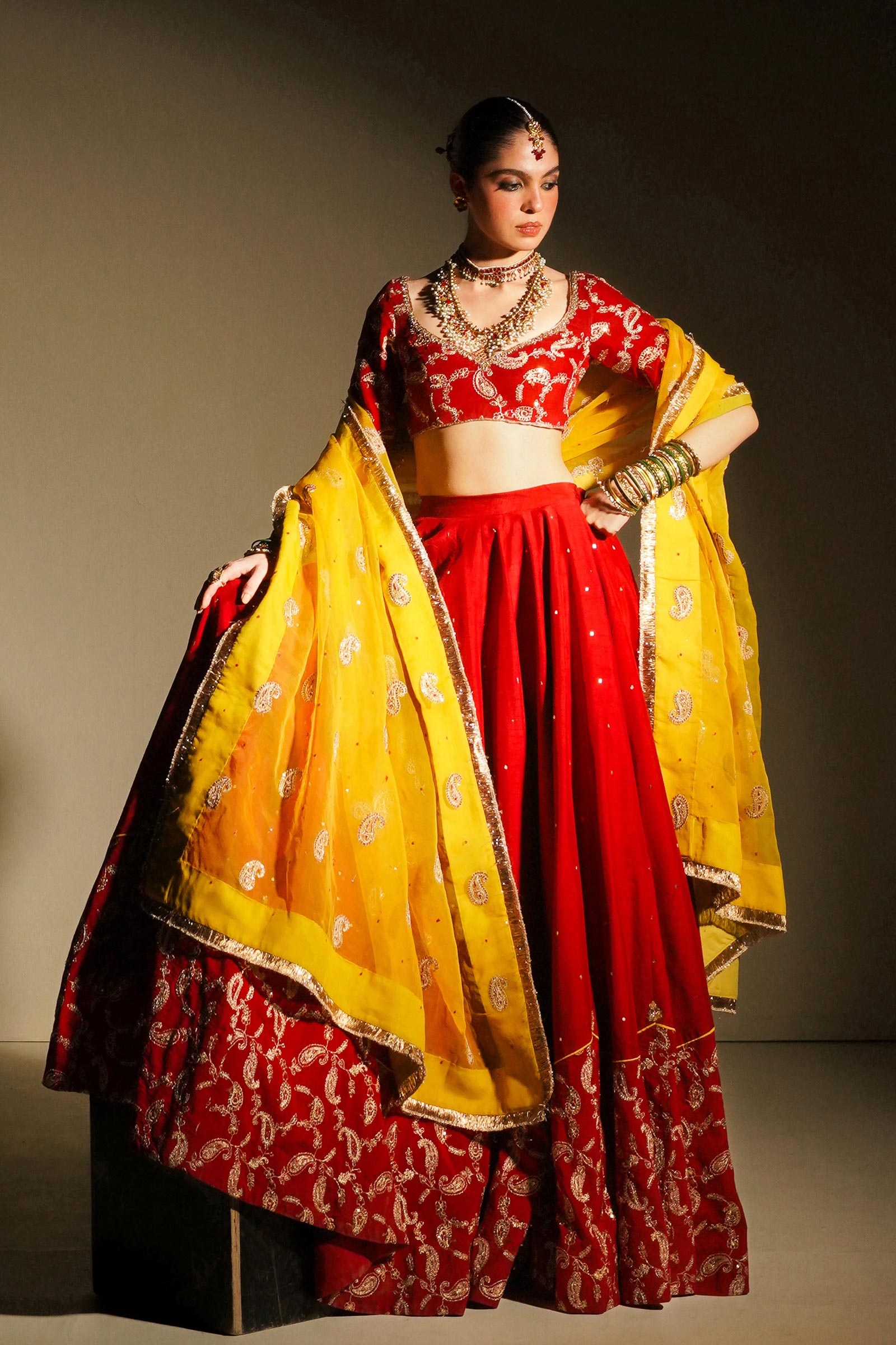 Red Embroidered Korean Silk Lehenga Choli (3-Piece) - Image 1