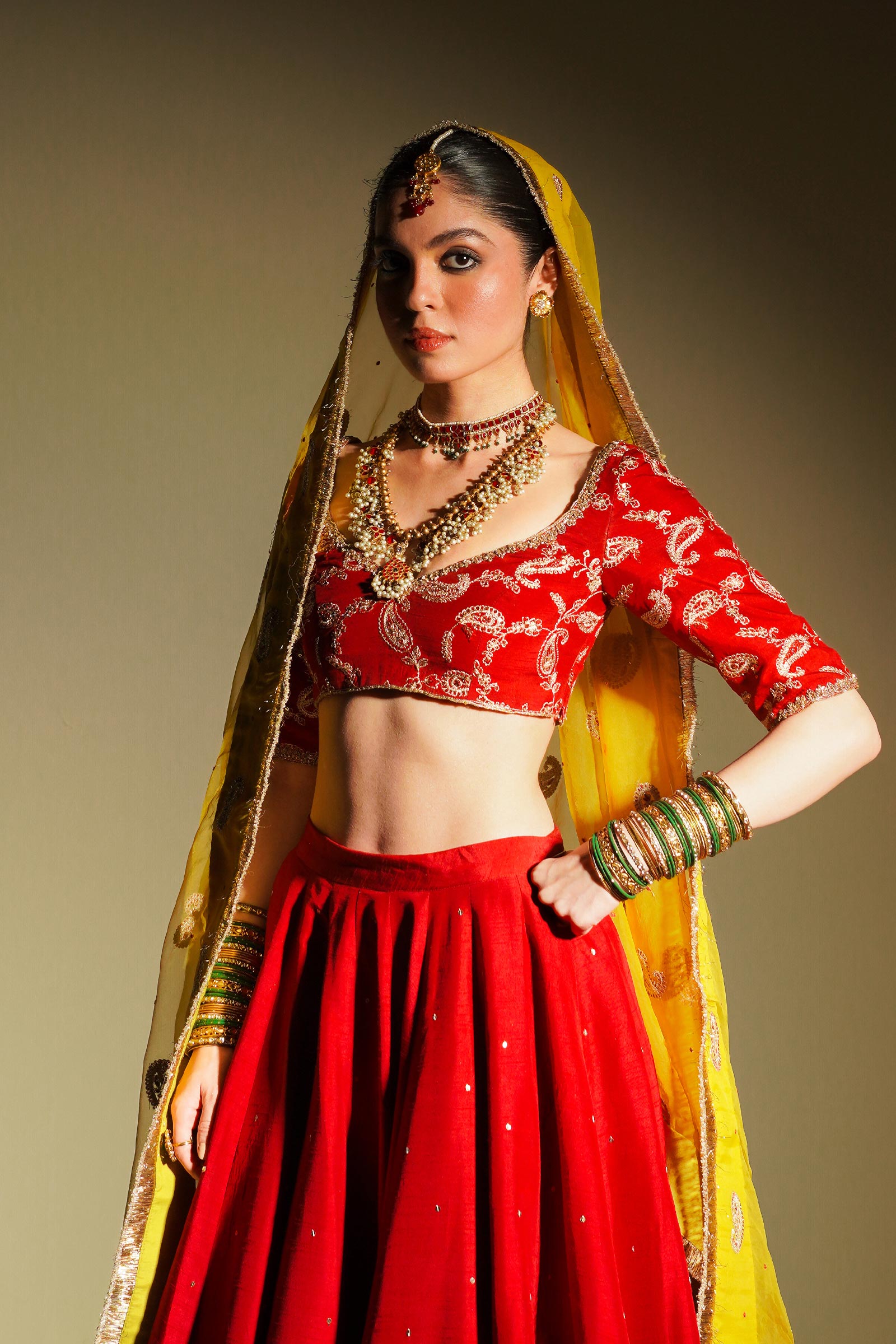 Red Embroidered Korean Silk Lehenga Choli (3-Piece) - Image 2