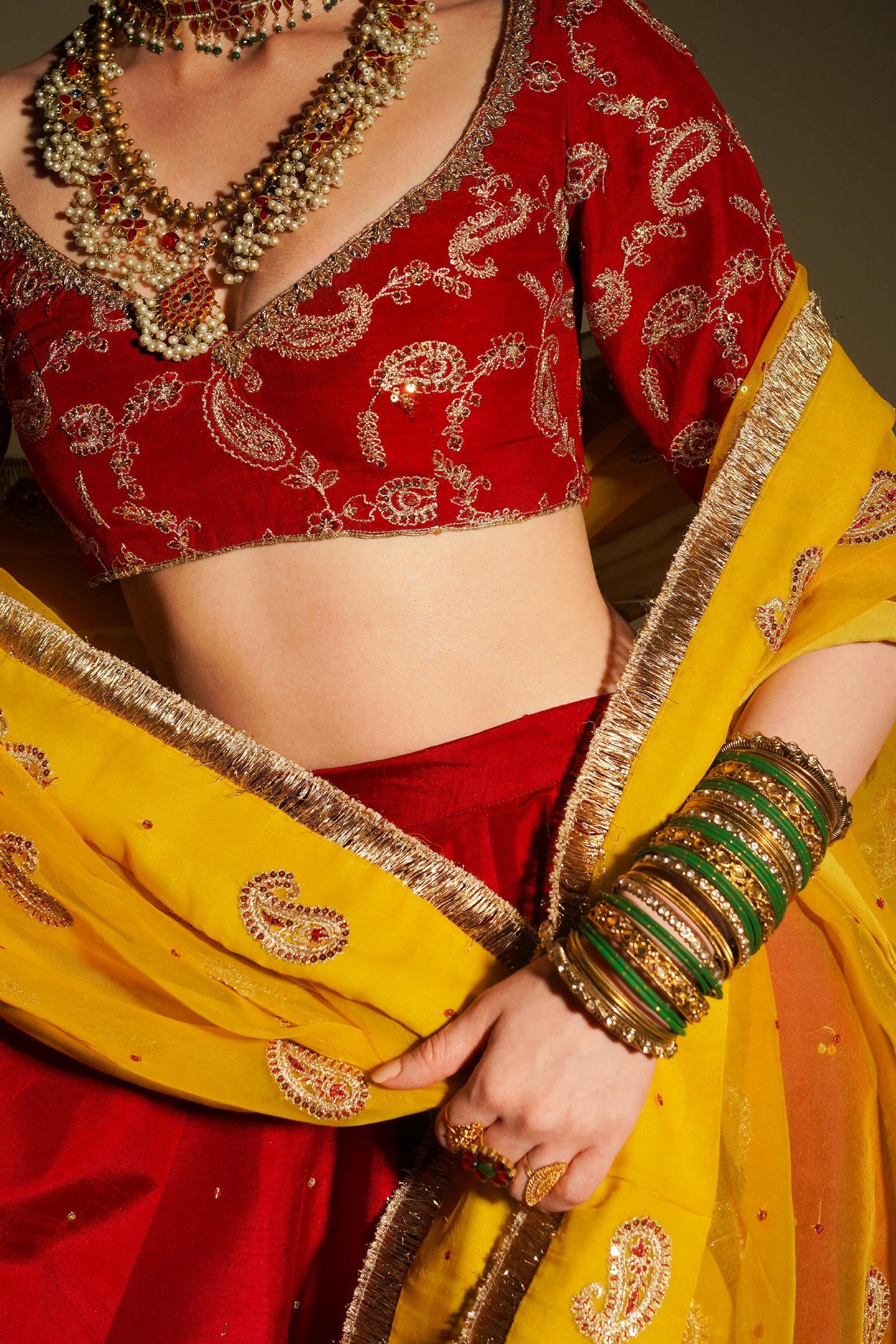 Red Embroidered Korean Silk Lehenga Choli (3-Piece) - Image 3