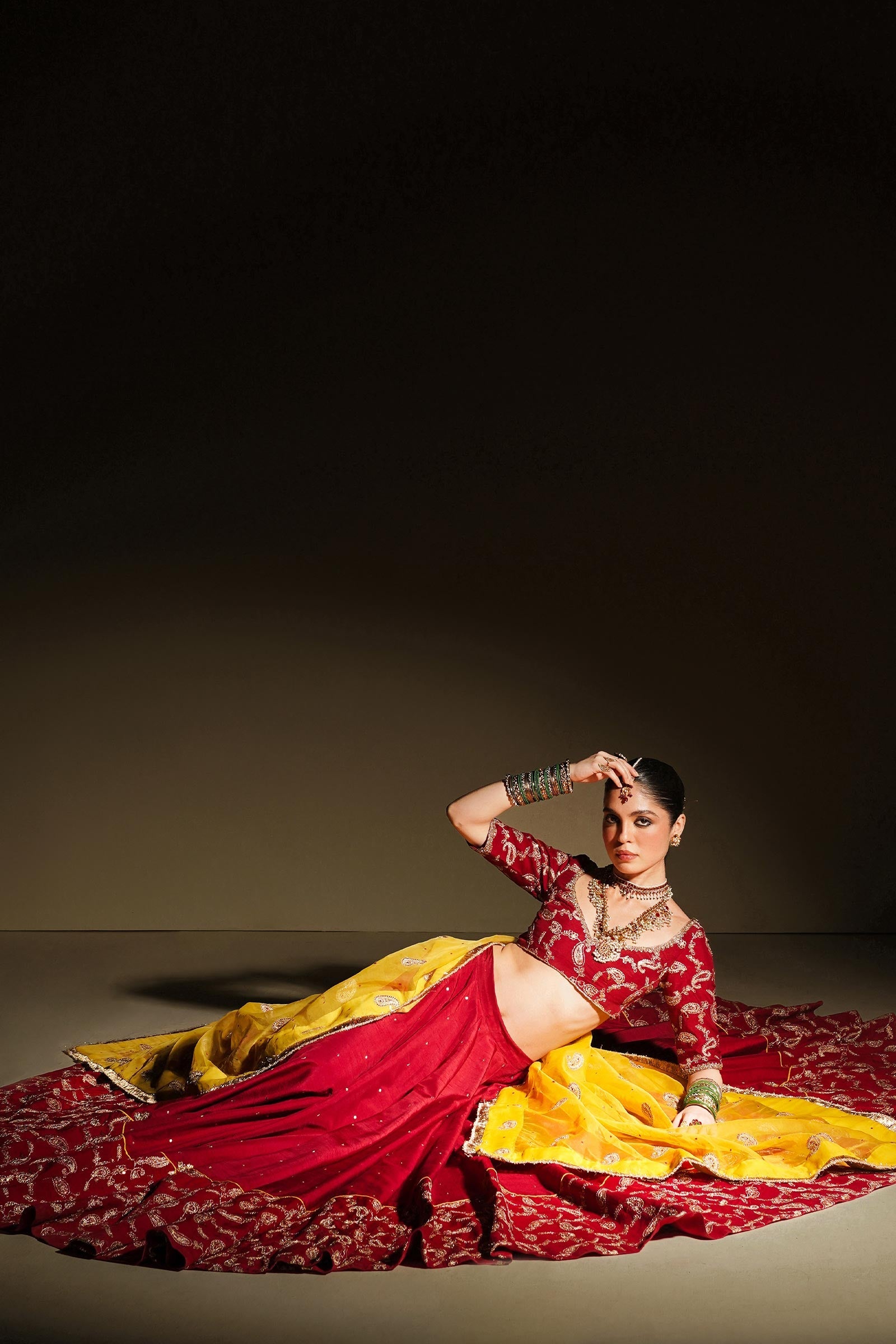 Red Embroidered Korean Silk Lehenga Choli (3-Piece) - Image 4