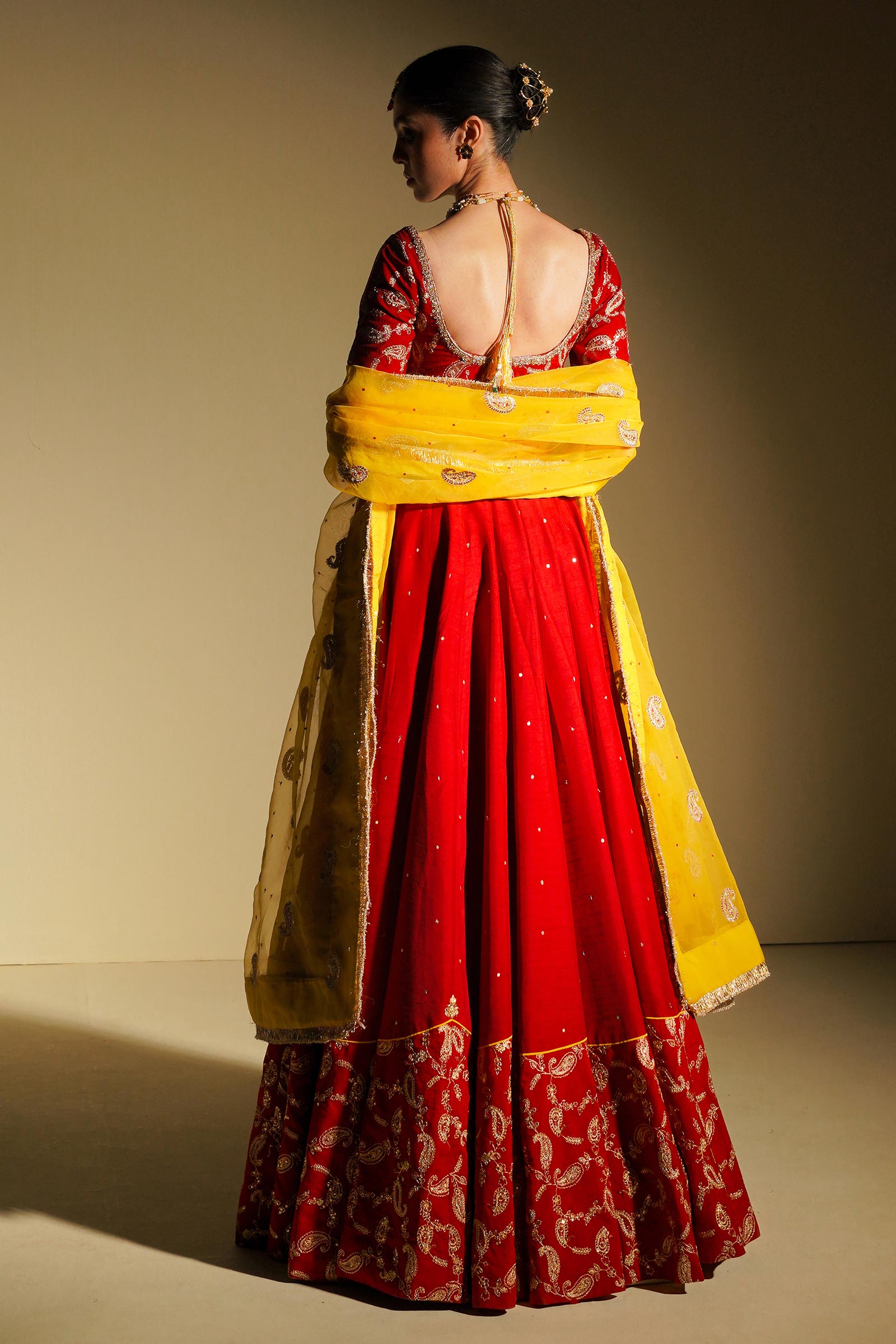 Red Embroidered Korean Silk Lehenga Choli (3-Piece) - Image 6
