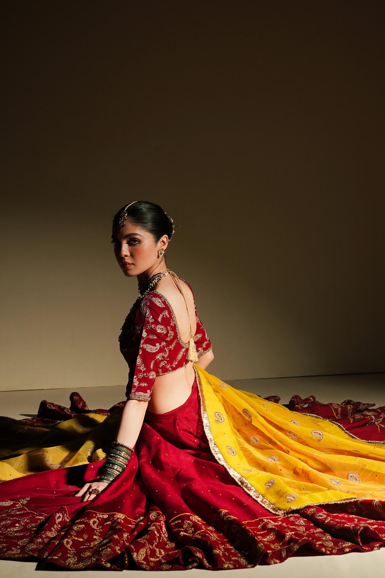 Red Embroidered Korean Silk Lehenga Choli (3-Piece) - Image 7