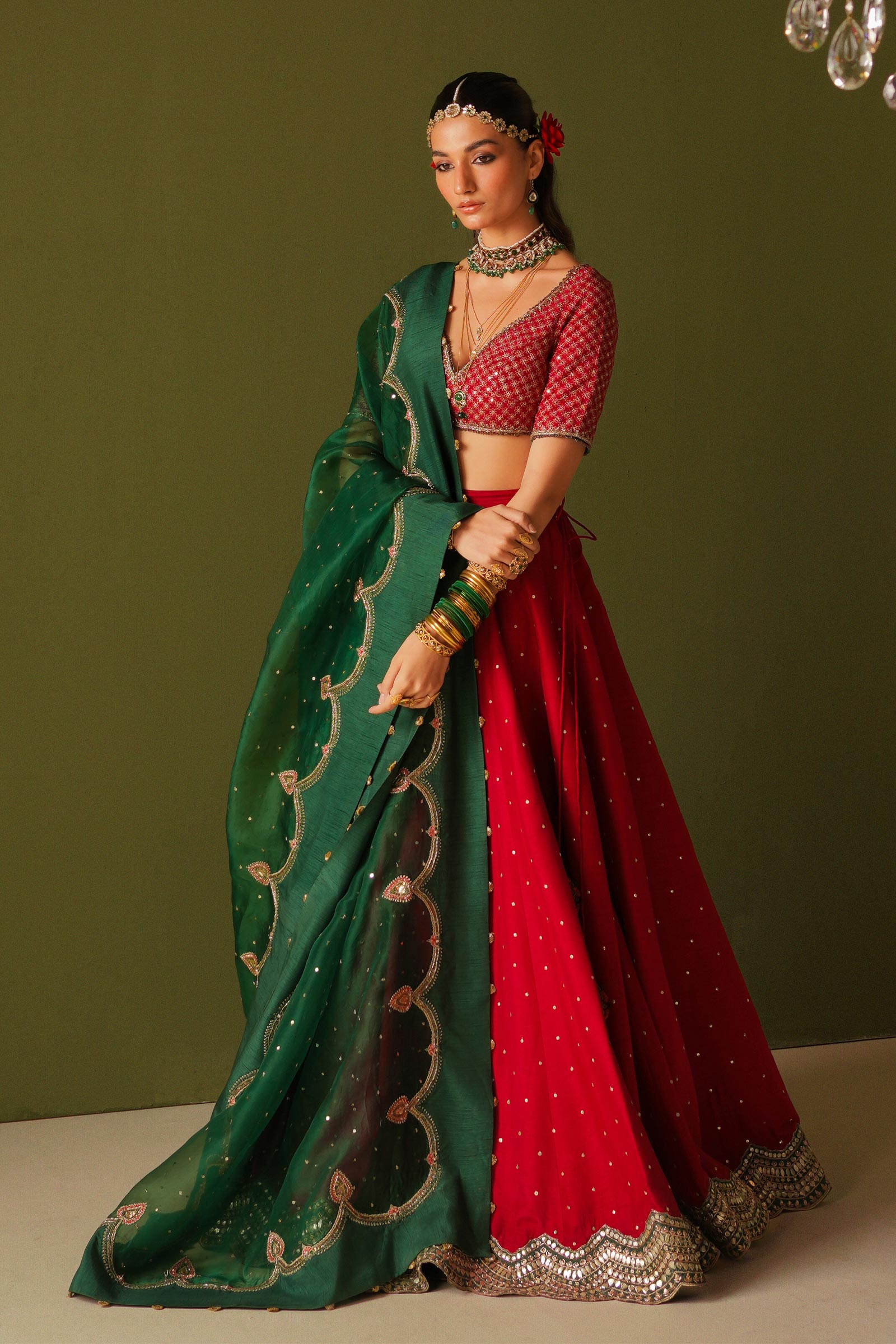 Pakistani Red Embroidered Korean Silk Lehenga Choli (3-Piece) - Image 1