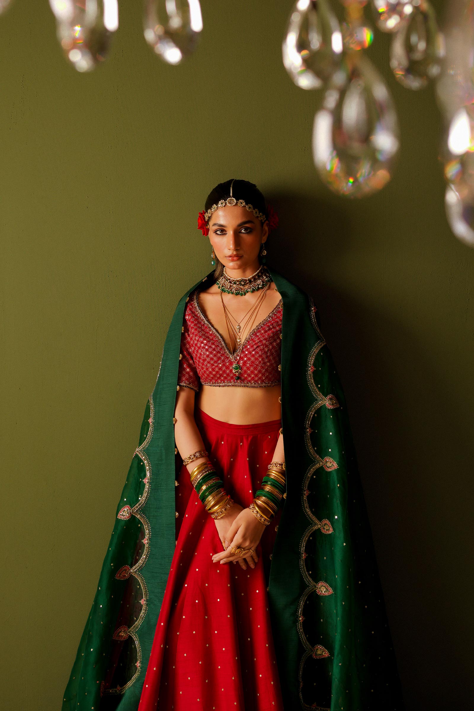 Pakistani Red Embroidered Korean Silk Lehenga Choli (3-Piece) - Image 2