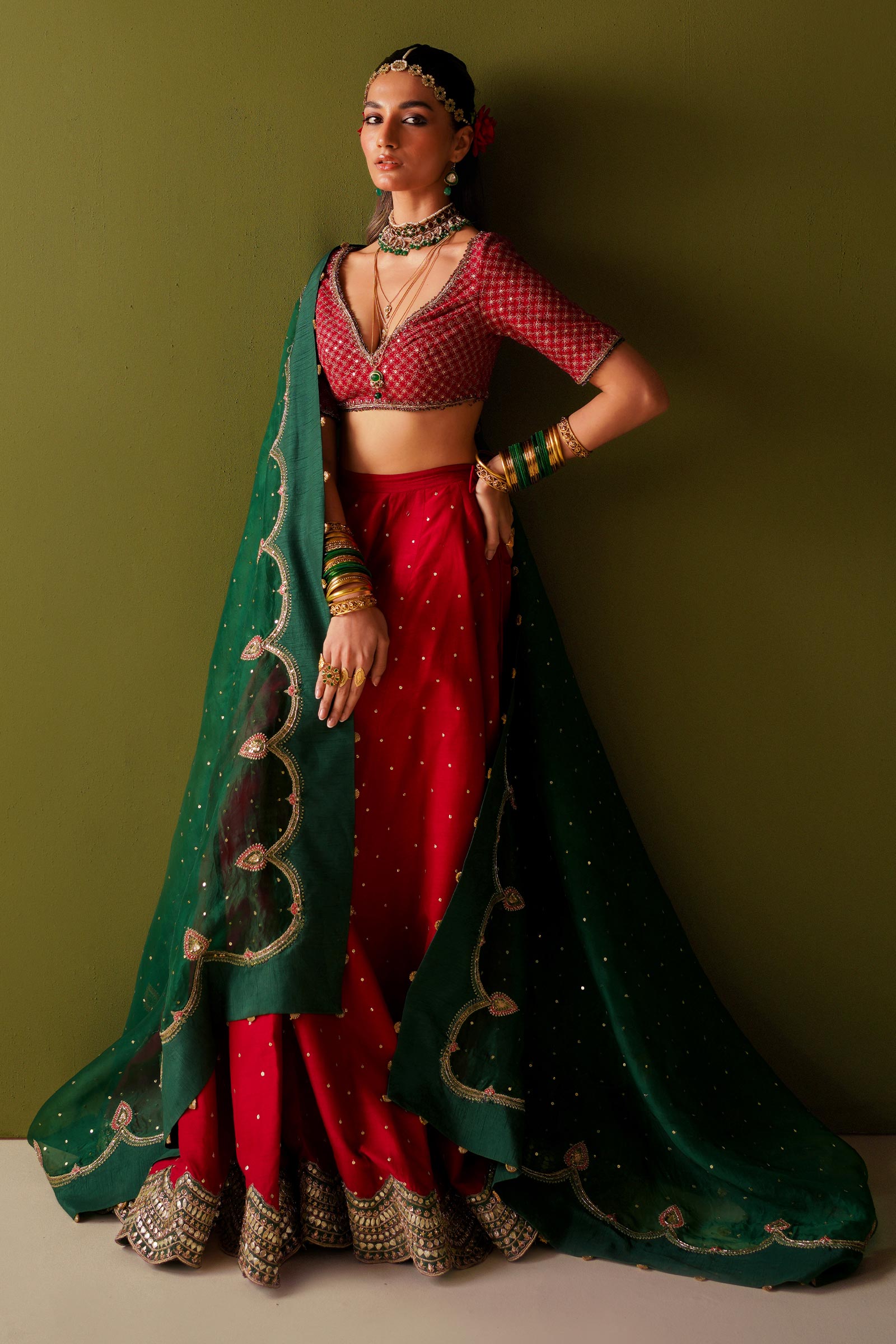 Pakistani Red Embroidered Korean Silk Lehenga Choli (3-Piece) - Image 3