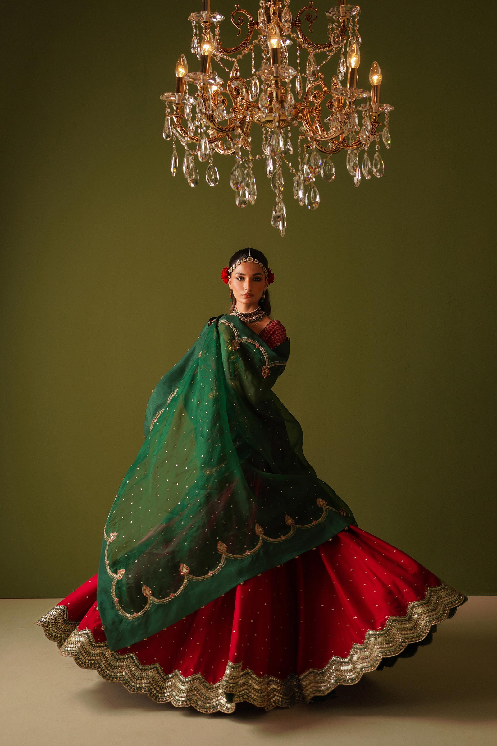 Pakistani Red Embroidered Korean Silk Lehenga Choli (3-Piece) - Image 4