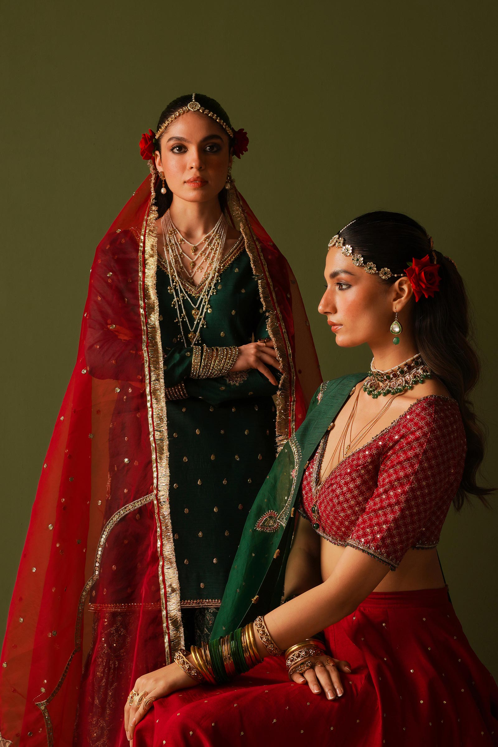 Pakistani Red Embroidered Korean Silk Lehenga Choli (3-Piece) - Image 5