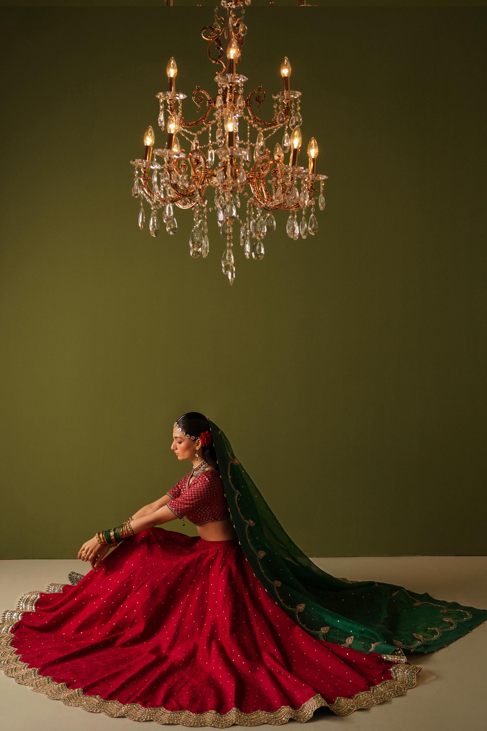 Pakistani Red Embroidered Korean Silk Lehenga Choli (3-Piece) - Image 9