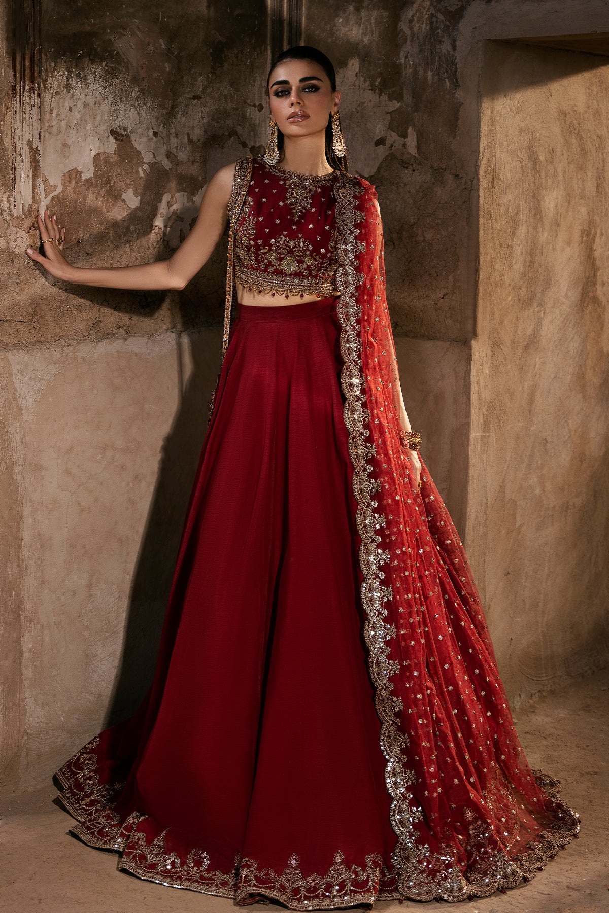 Pakistani Deep Red Embroidered Korean Silk Lehenga (3-Piece) - Image 1
