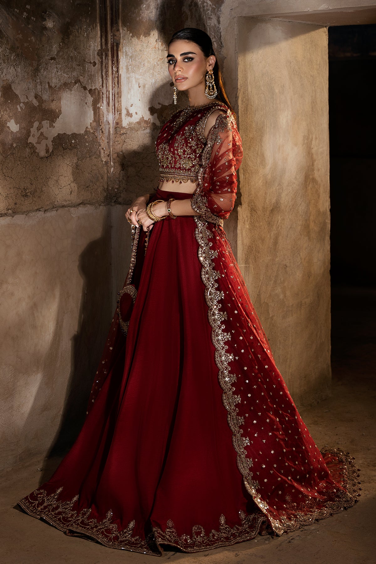 Pakistani Deep Red Embroidered Korean Silk Lehenga (3-Piece) - Image 2