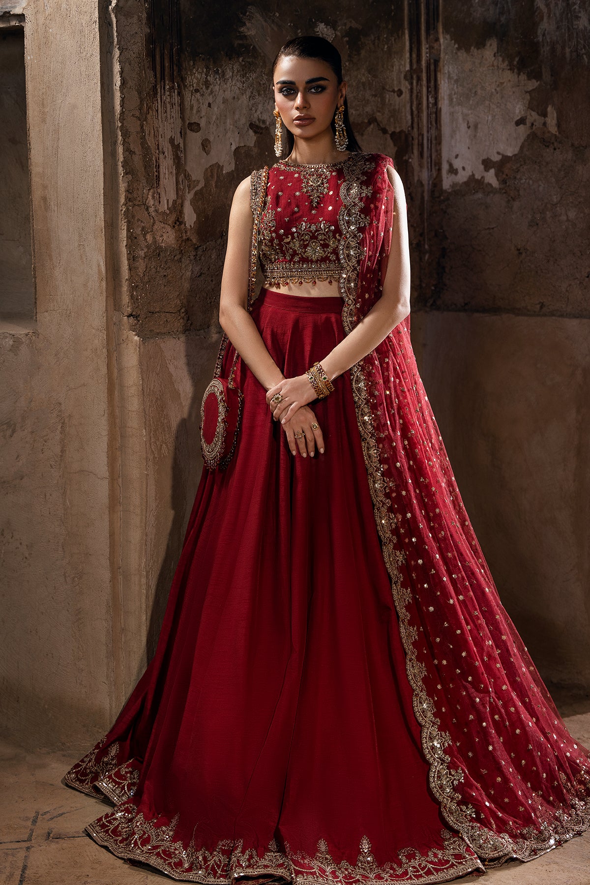 Pakistani Deep Red Embroidered Korean Silk Lehenga (3-Piece) - Image 3