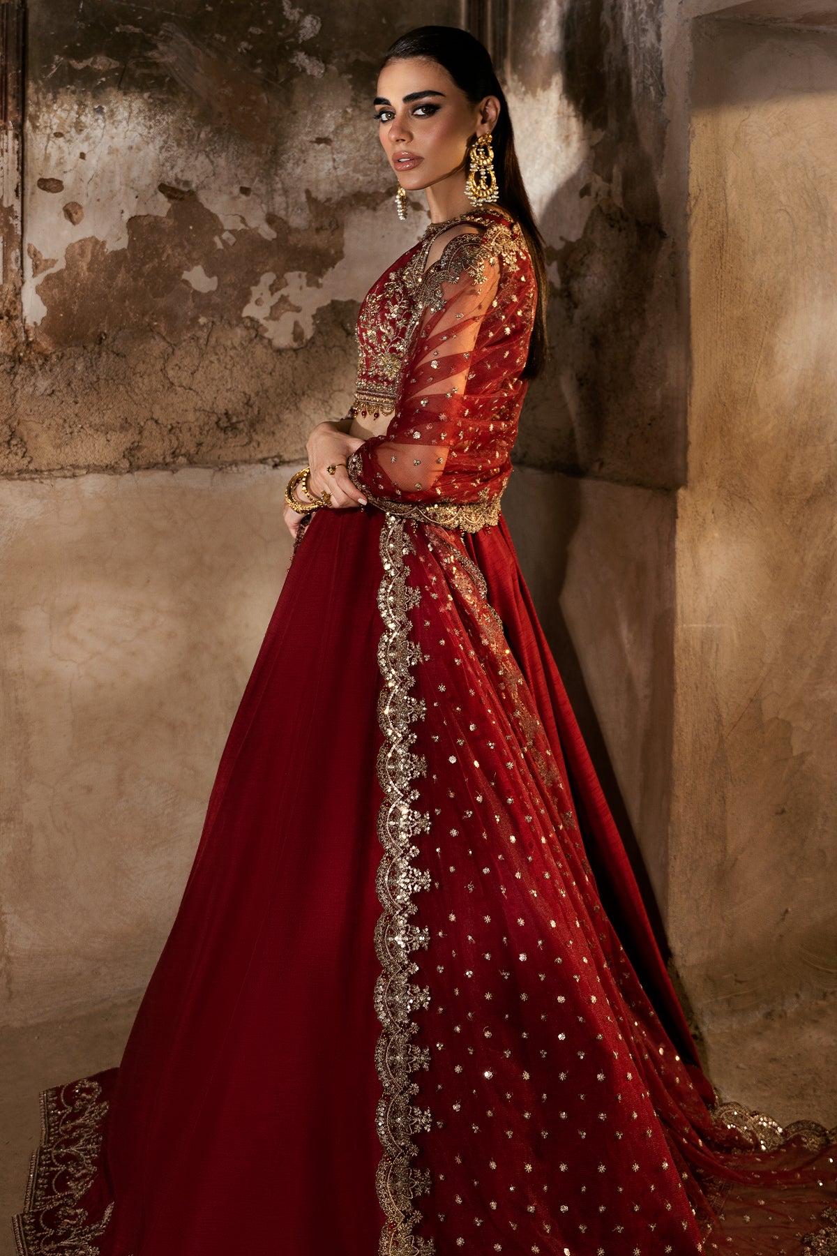 Pakistani Deep Red Embroidered Korean Silk Lehenga (3-Piece) - Image 4