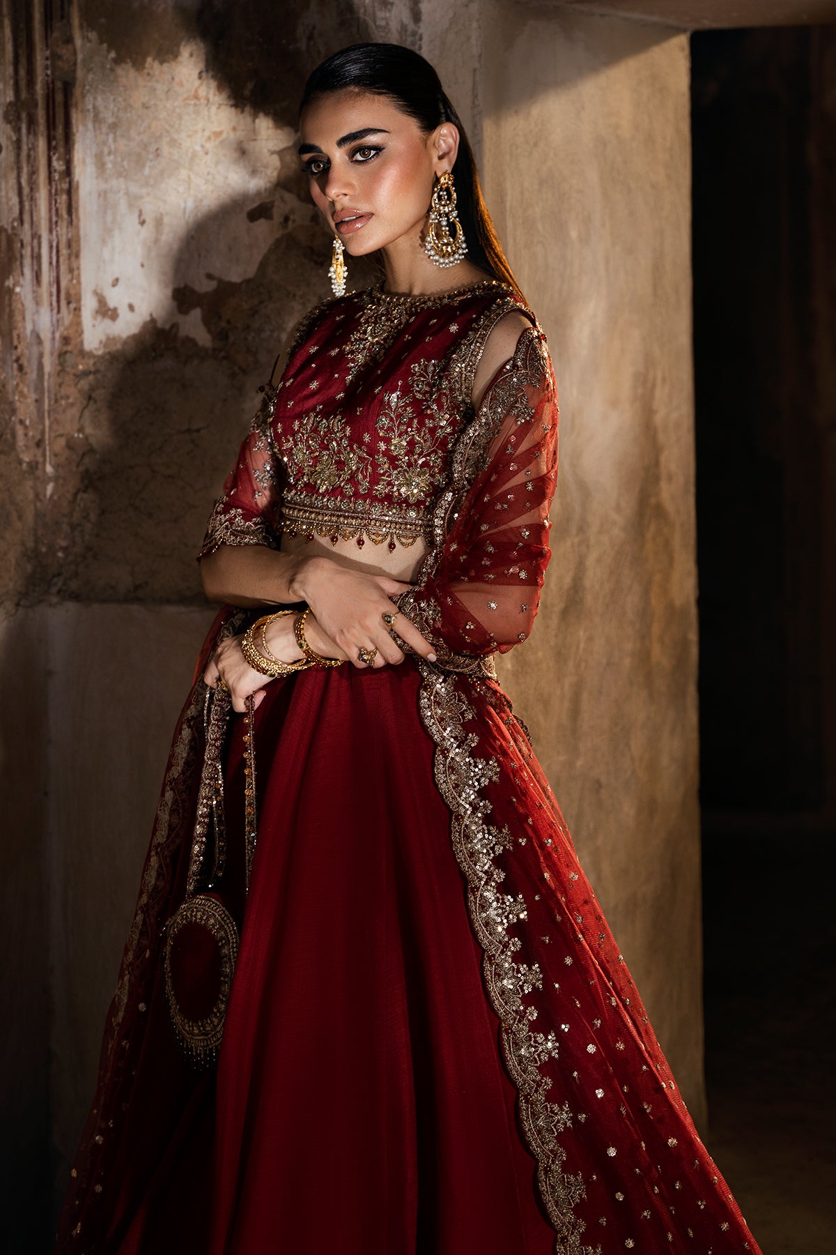 Pakistani Deep Red Embroidered Korean Silk Lehenga (3-Piece) - Image 5