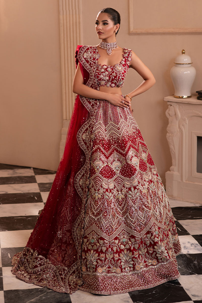 Scarlet Red Embroidered Korean Silk Lehenga (3-Piece) - Image 4