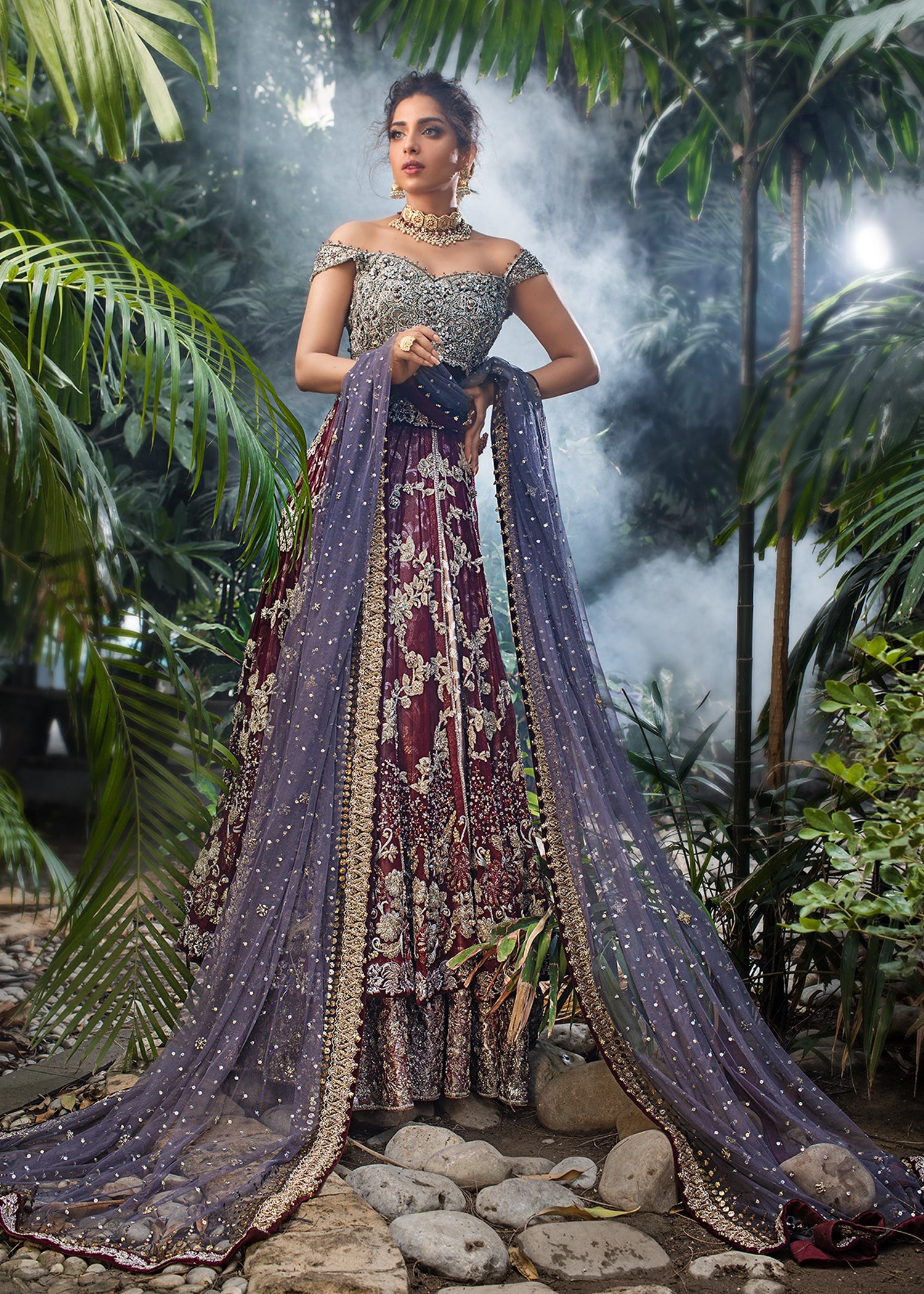 Pakistani Crimson & Charcoal Grey Embellished Lameh Masori Lehenga (3-Piece) - Image 1