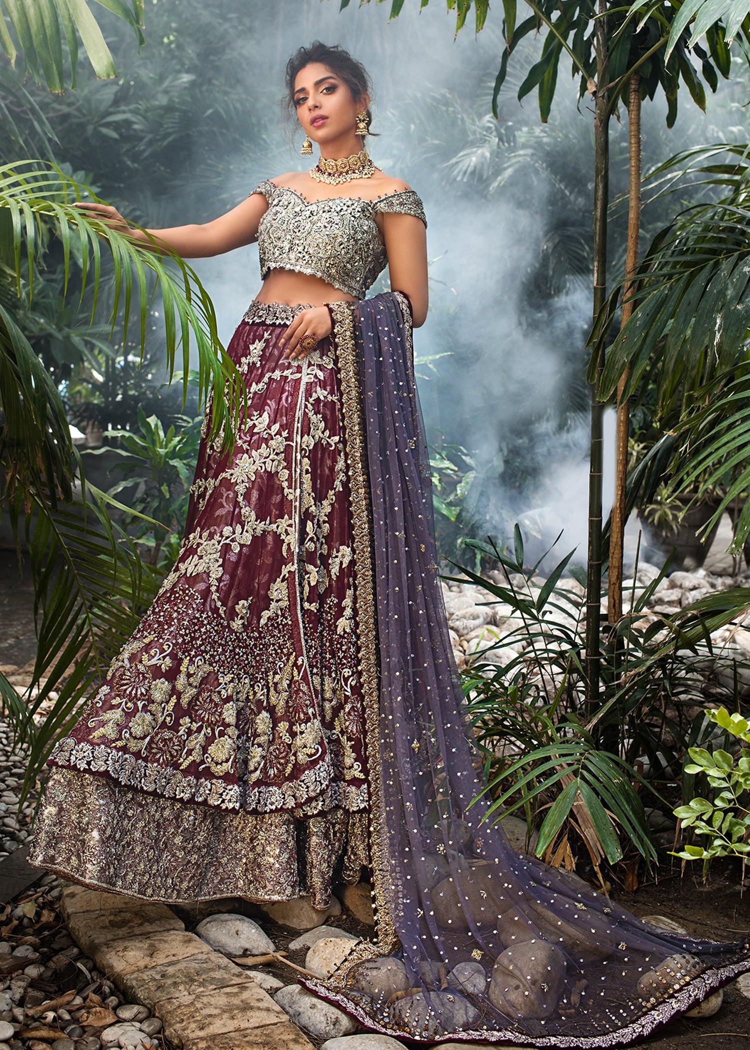 Pakistani Crimson & Charcoal Grey Embellished Lameh Masori Lehenga (3-Piece) - Image 2