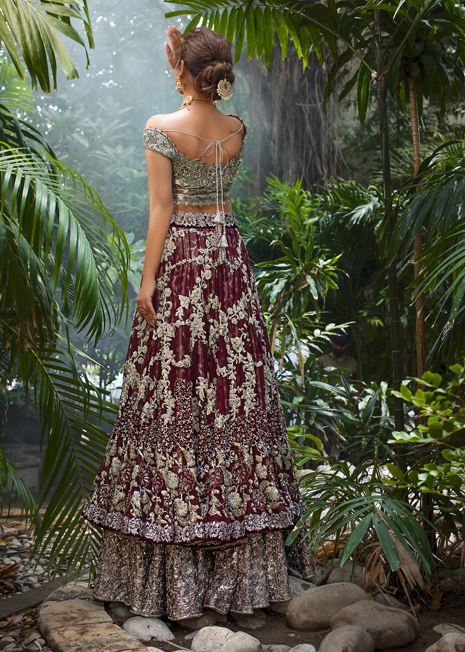 Pakistani Crimson & Charcoal Grey Embellished Lameh Masori Lehenga (3-Piece) - Image 3