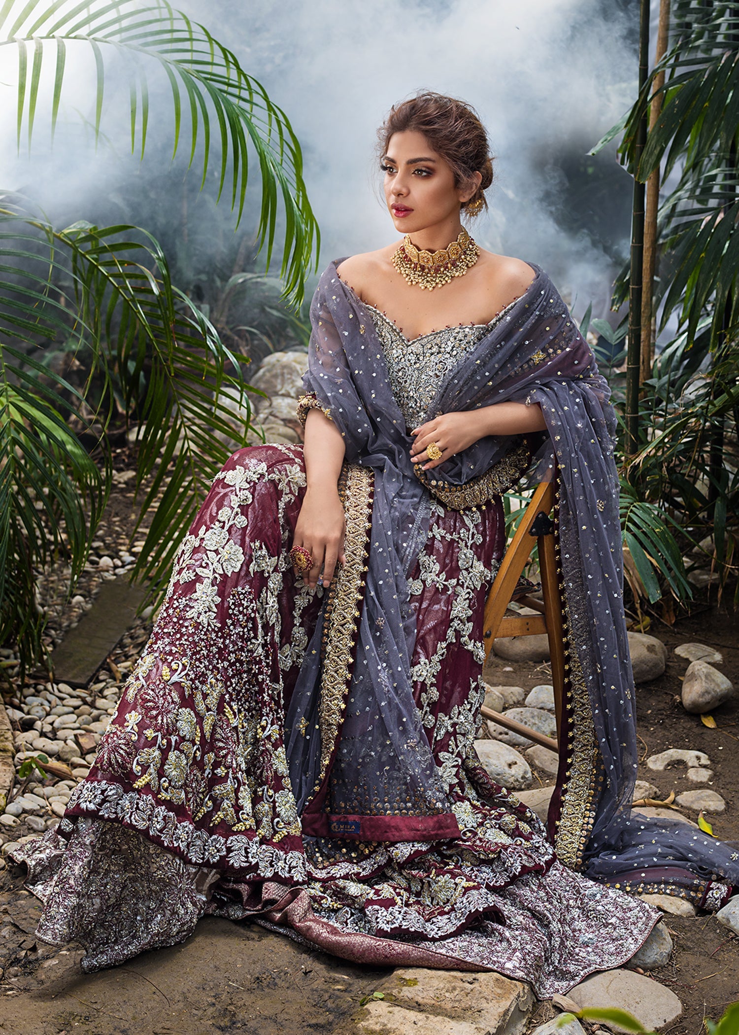 Pakistani Crimson & Charcoal Grey Embellished Lameh Masori Lehenga (3-Piece) - Image 4