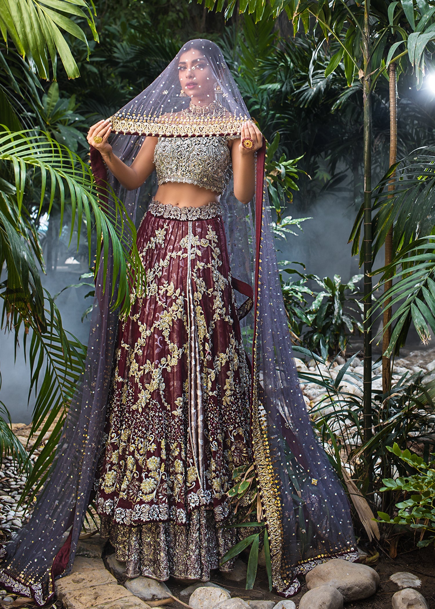Pakistani Crimson & Charcoal Grey Embellished Lameh Masori Lehenga (3-Piece) - Image 5