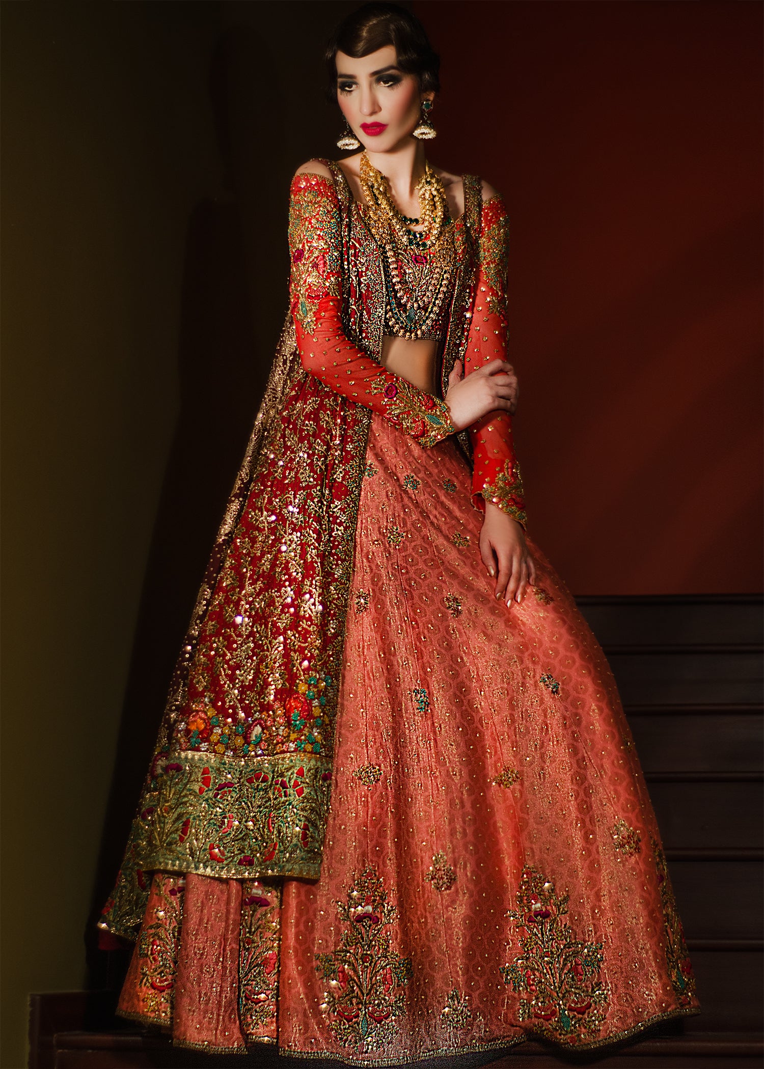 Pakistani Rust Red Embellished Maisuri Net Bridal Lehnga Choli (3-Piece) - Image 1