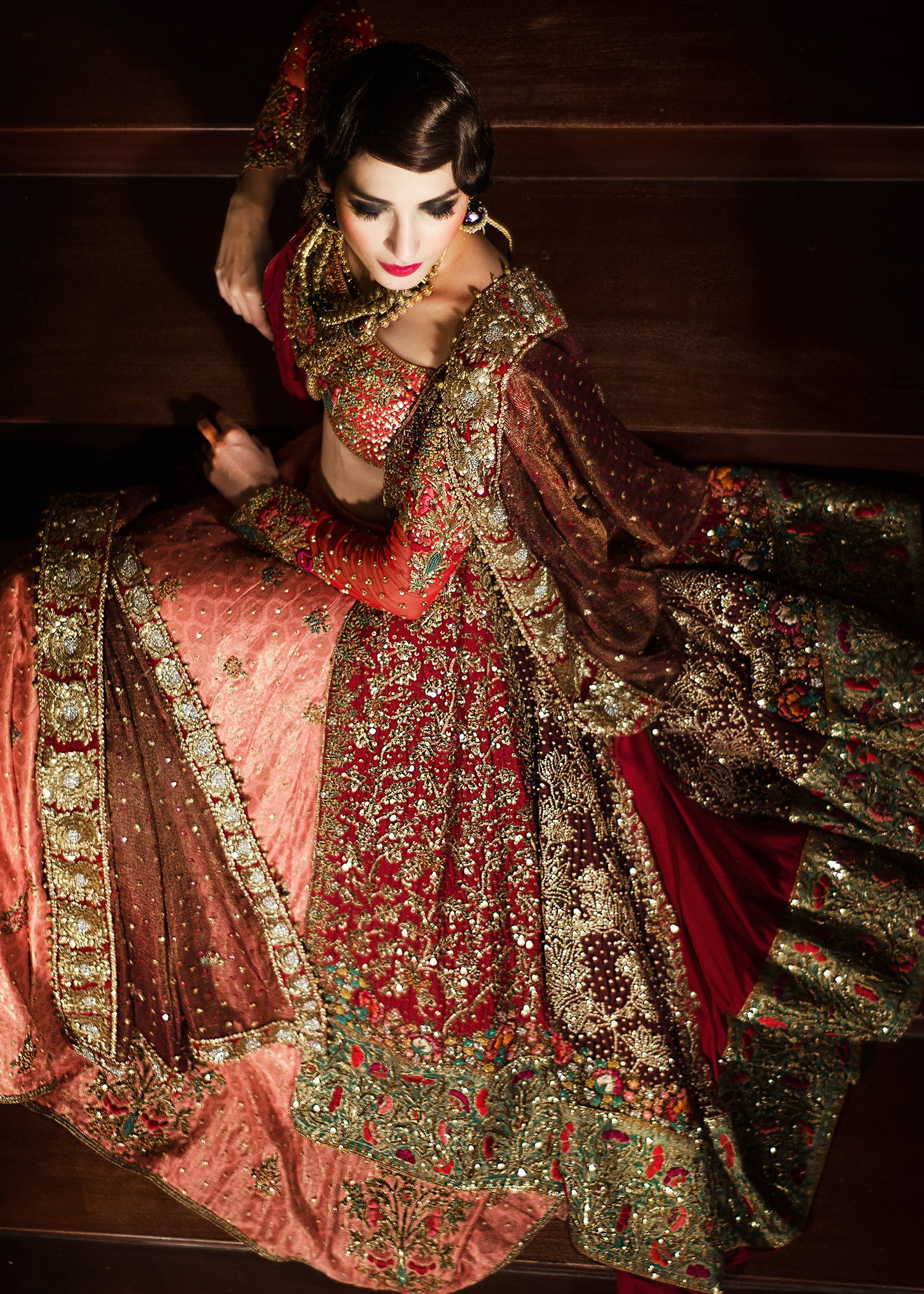 Pakistani Rust Red Embellished Maisuri Net Bridal Lehnga Choli (3-Piece) - Image 2