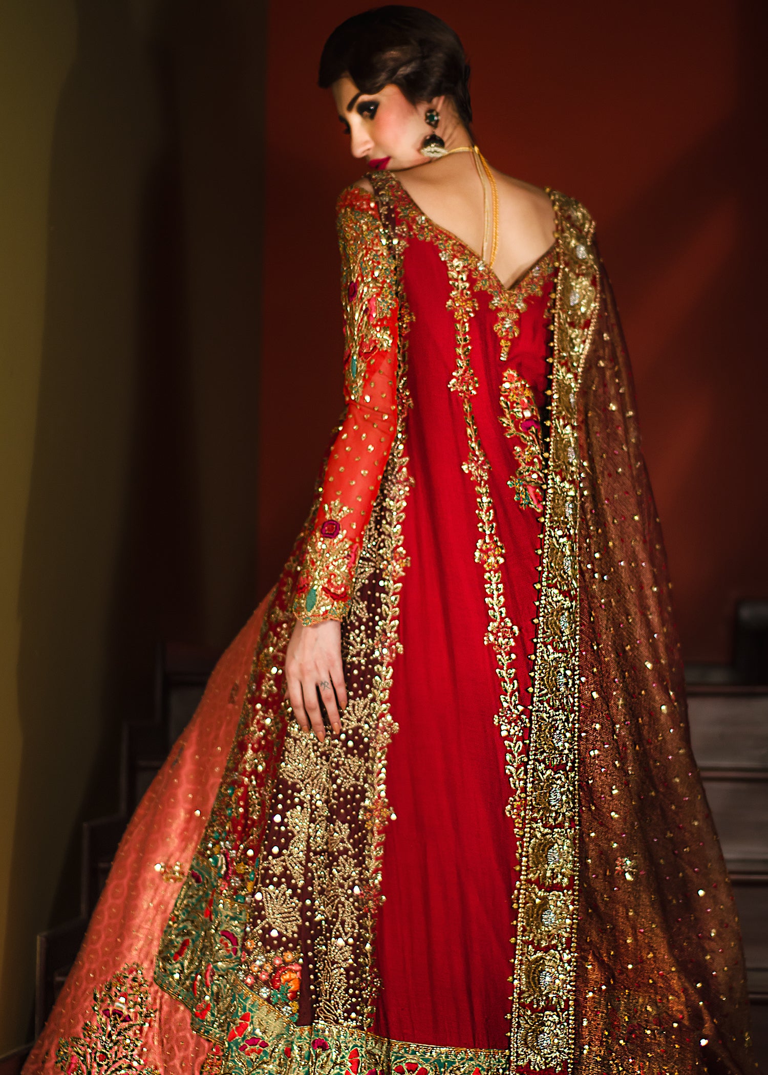 Pakistani Rust Red Embellished Maisuri Net Bridal Lehnga Choli (3-Piece) - Image 3