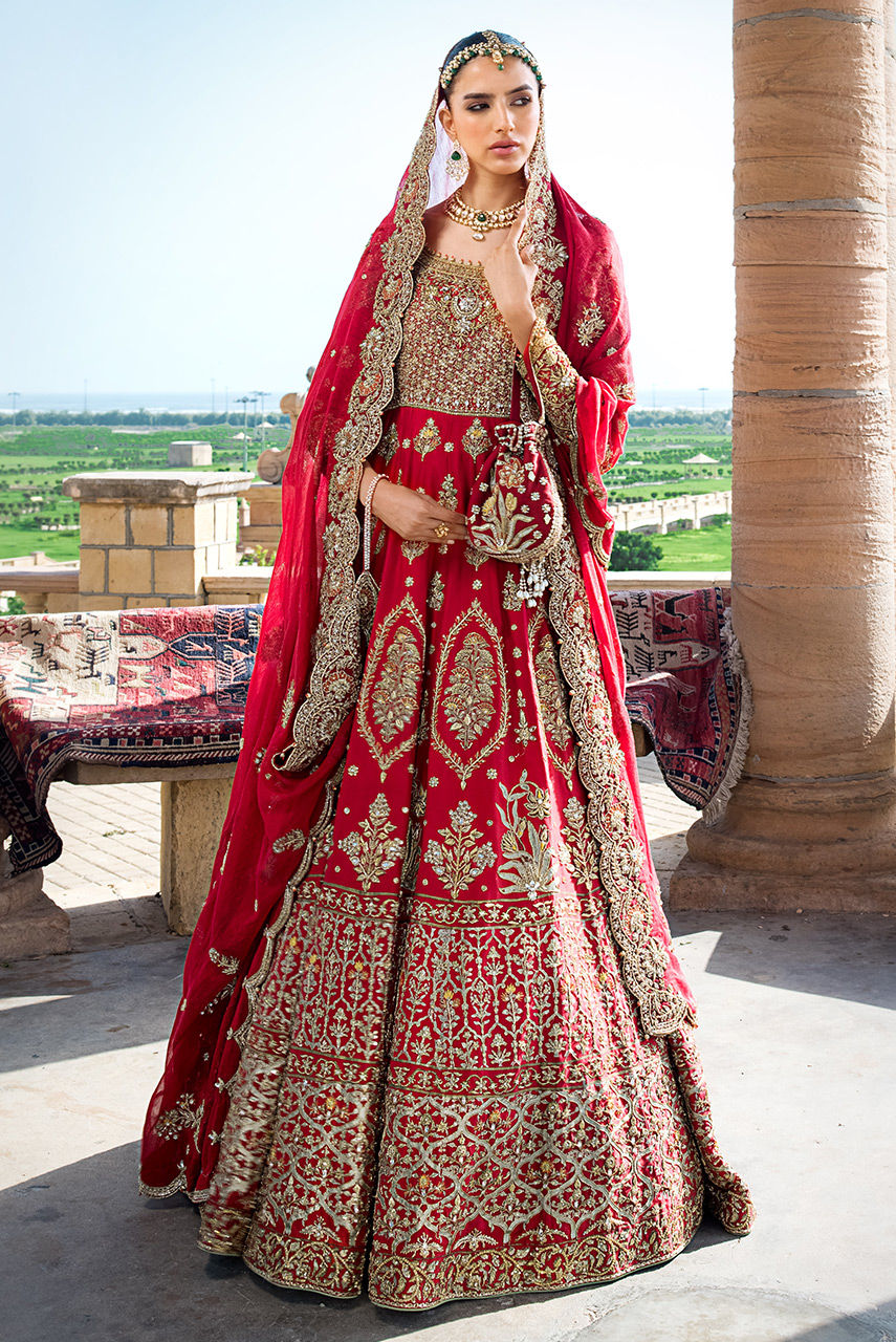 Red Zardozi Masoori Net Silk Bridal Lehenga (3-Piece) - Image 1