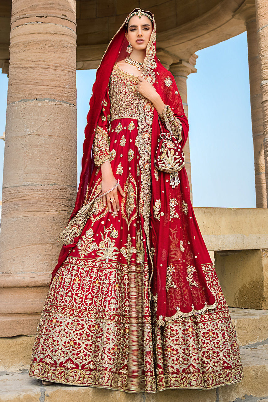 Red Zardozi Masoori Net Silk Bridal Lehenga (3-Piece) - Image 3