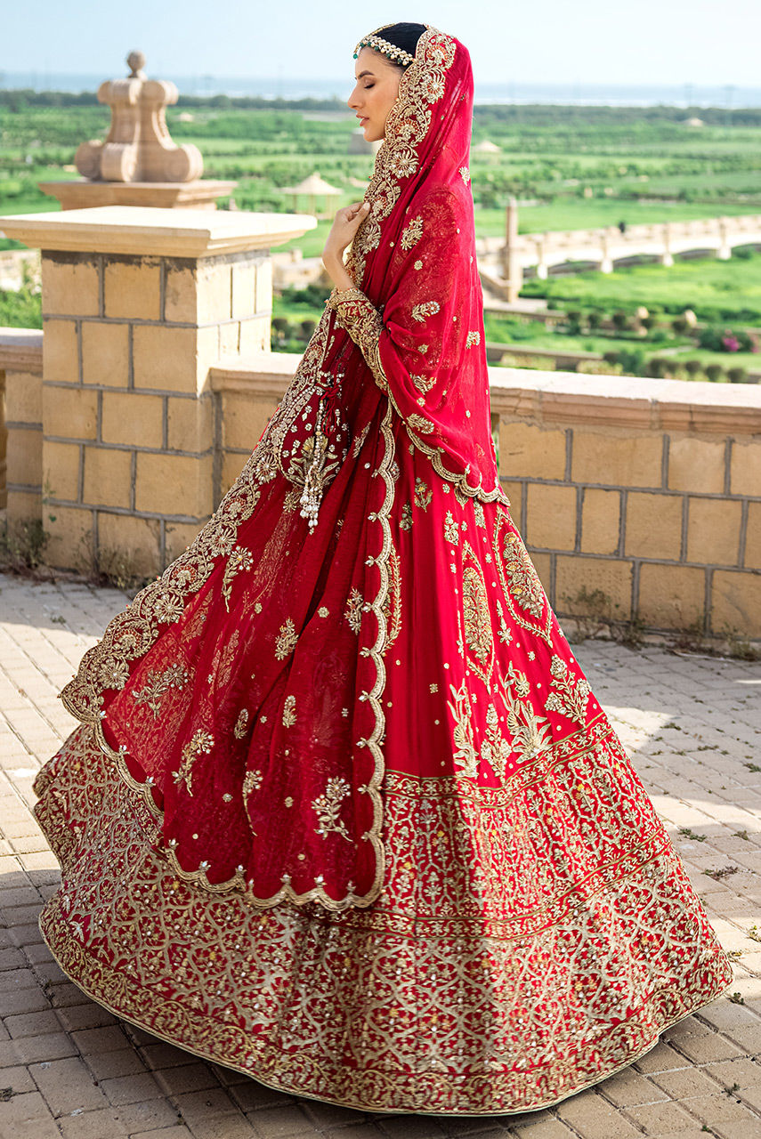 Red Zardozi Masoori Net Silk Bridal Lehenga (3-Piece) - Image 4