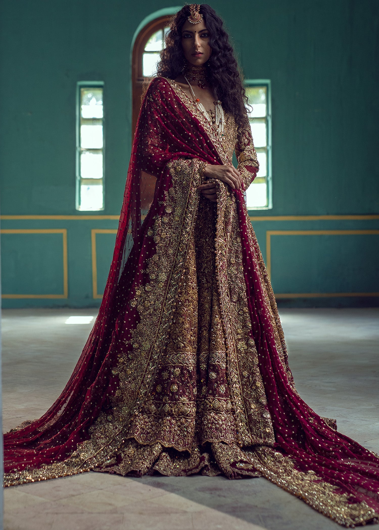 Mahogany Red Embroidered Maysori & French Net Bridal Lehenga (3-Piece) - Image 1
