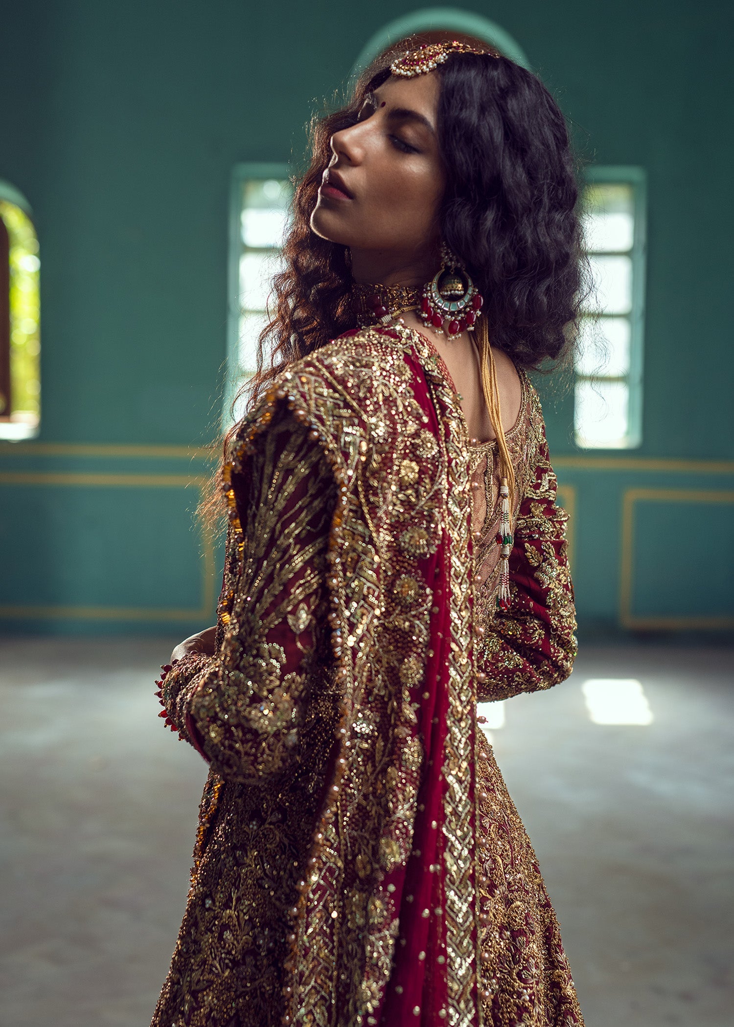 Mahogany Red Embroidered Maysori & French Net Bridal Lehenga (3-Piece) - Image 3