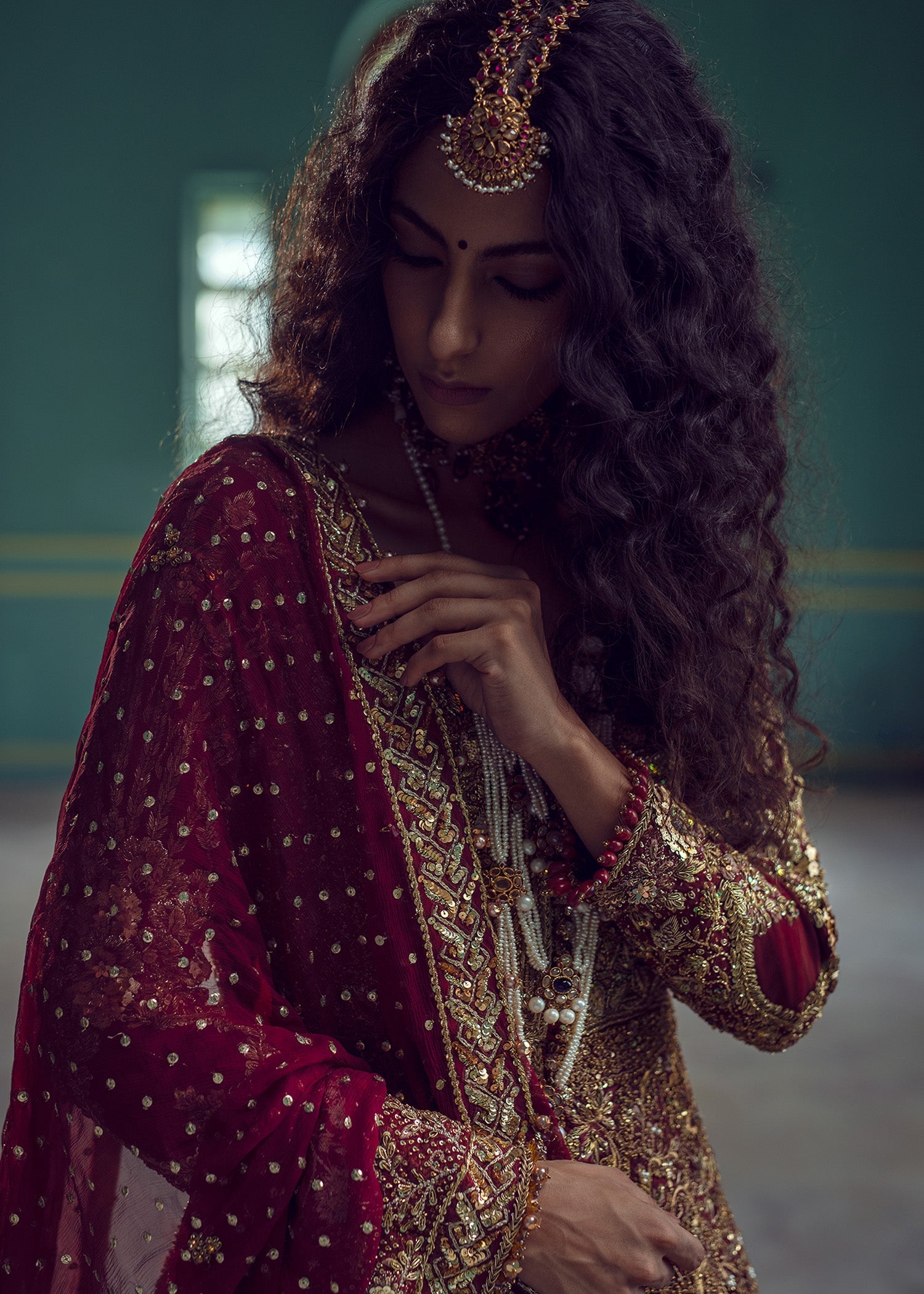 Mahogany Red Embroidered Maysori & French Net Bridal Lehenga (3-Piece) - Image 4