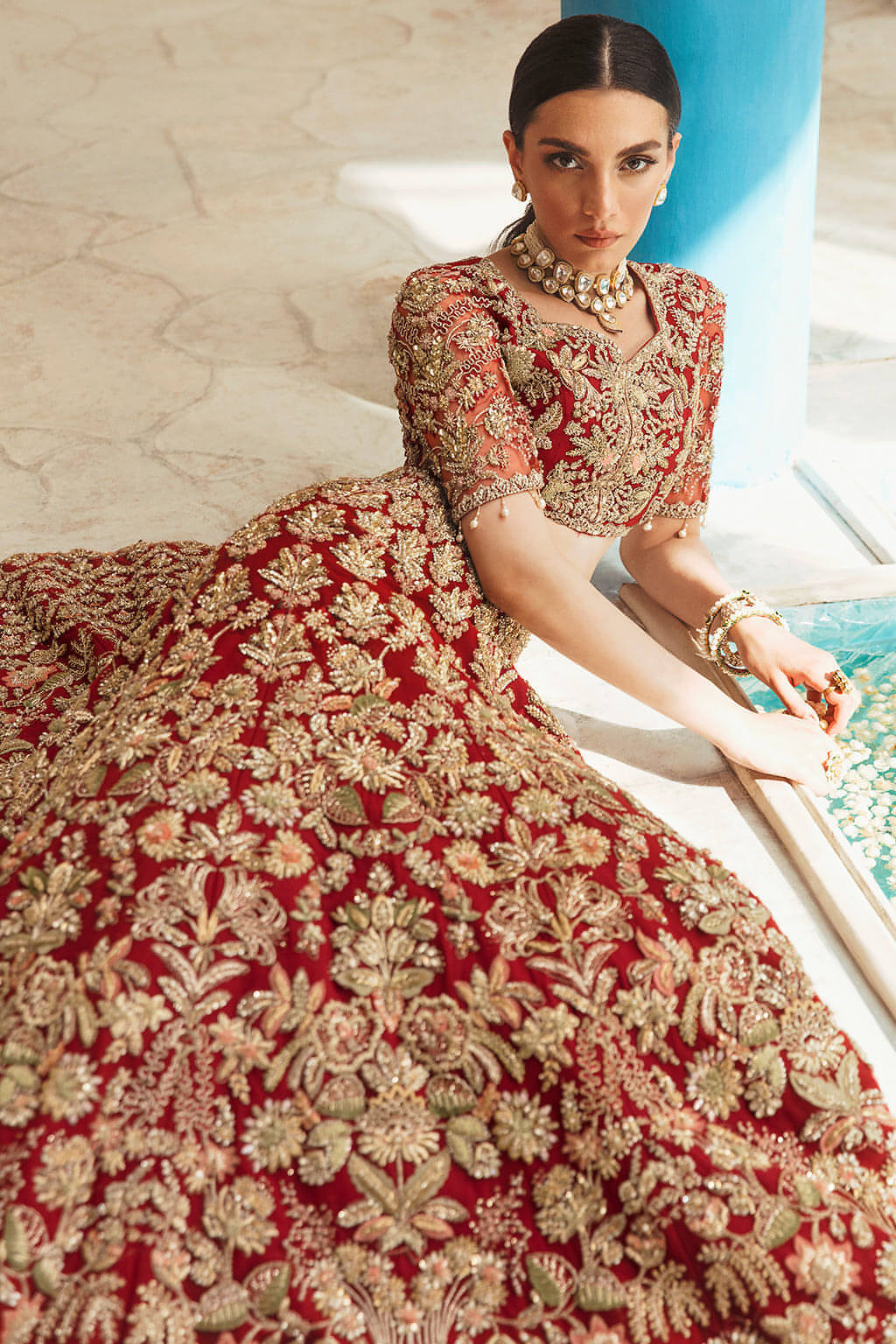 Carmine Red 3D Floral Net Lehenga Choli (3-Piece) - Image 1