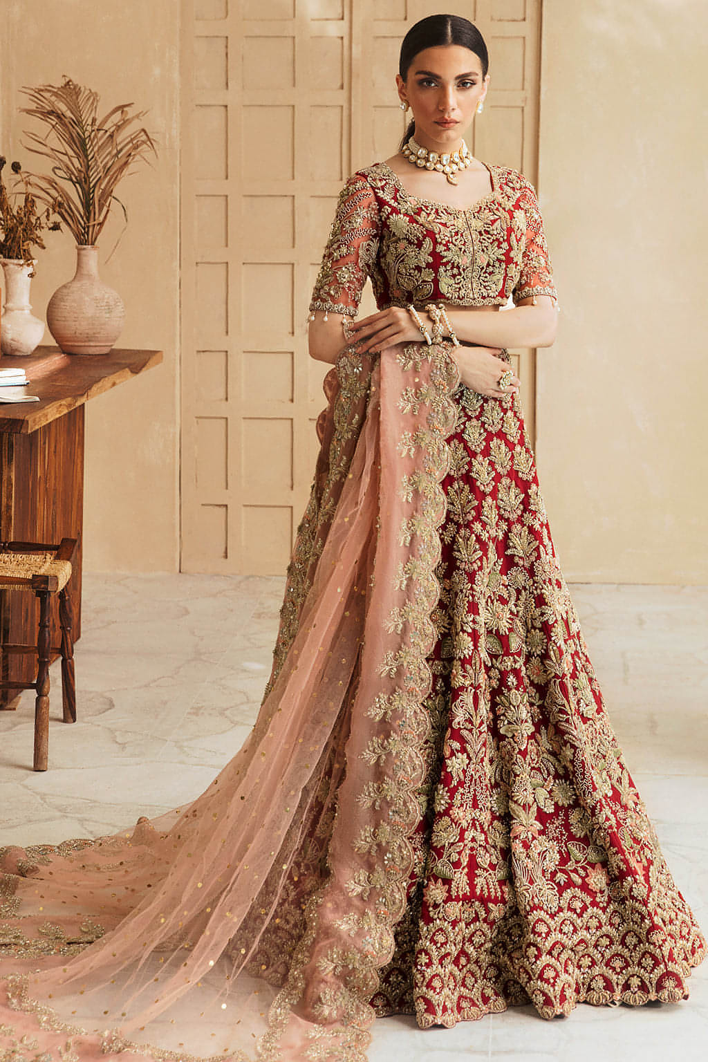 Carmine Red 3D Floral Net Lehenga Choli (3-Piece) - Image 2