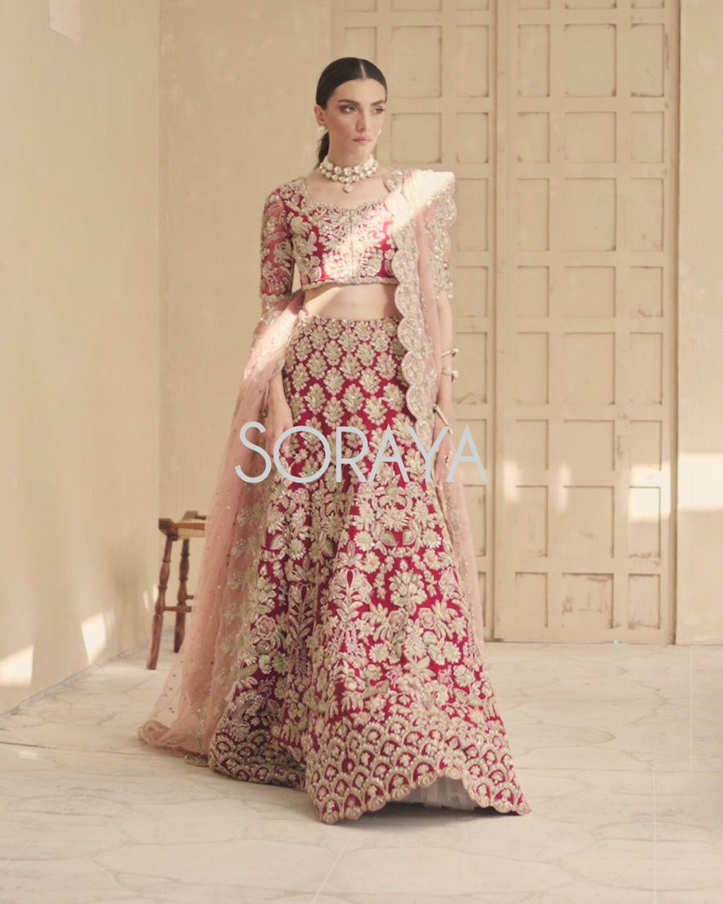 Carmine Red 3D Floral Net Lehenga Choli (3-Piece) - Image 5