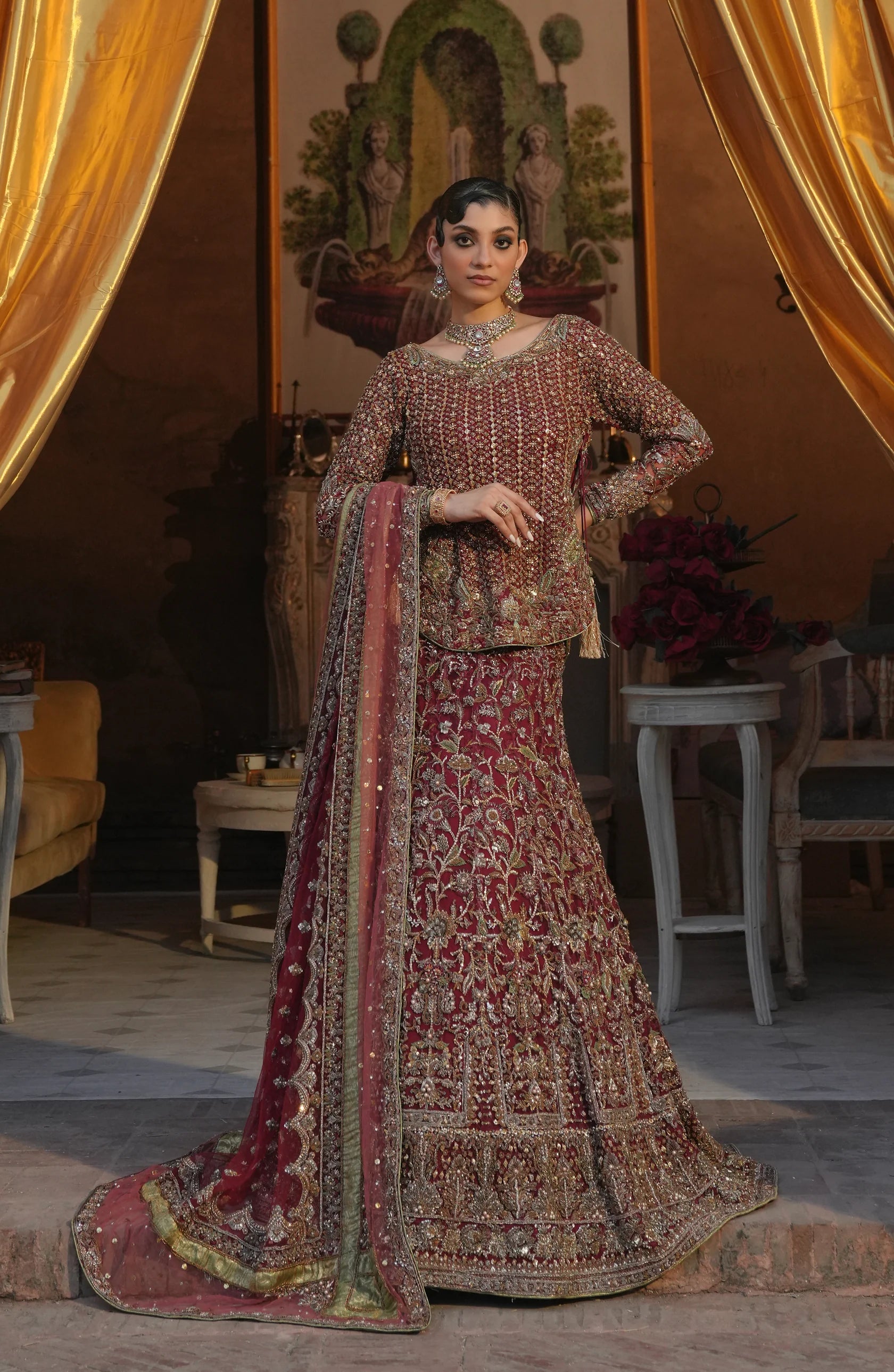 Pakistani Red Antique Gold Net Mermaid-Cut Lehenga Choli (3-Piece) - Image 1