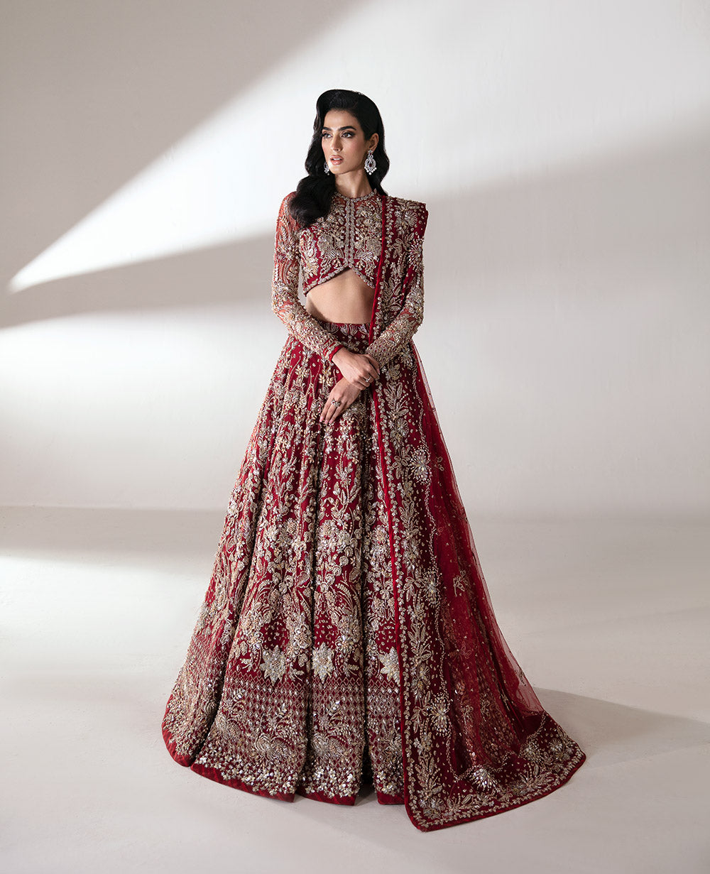 Pakistani Deep Red Embroidered Net Lehenga Choli (3-Piece) - Image 1