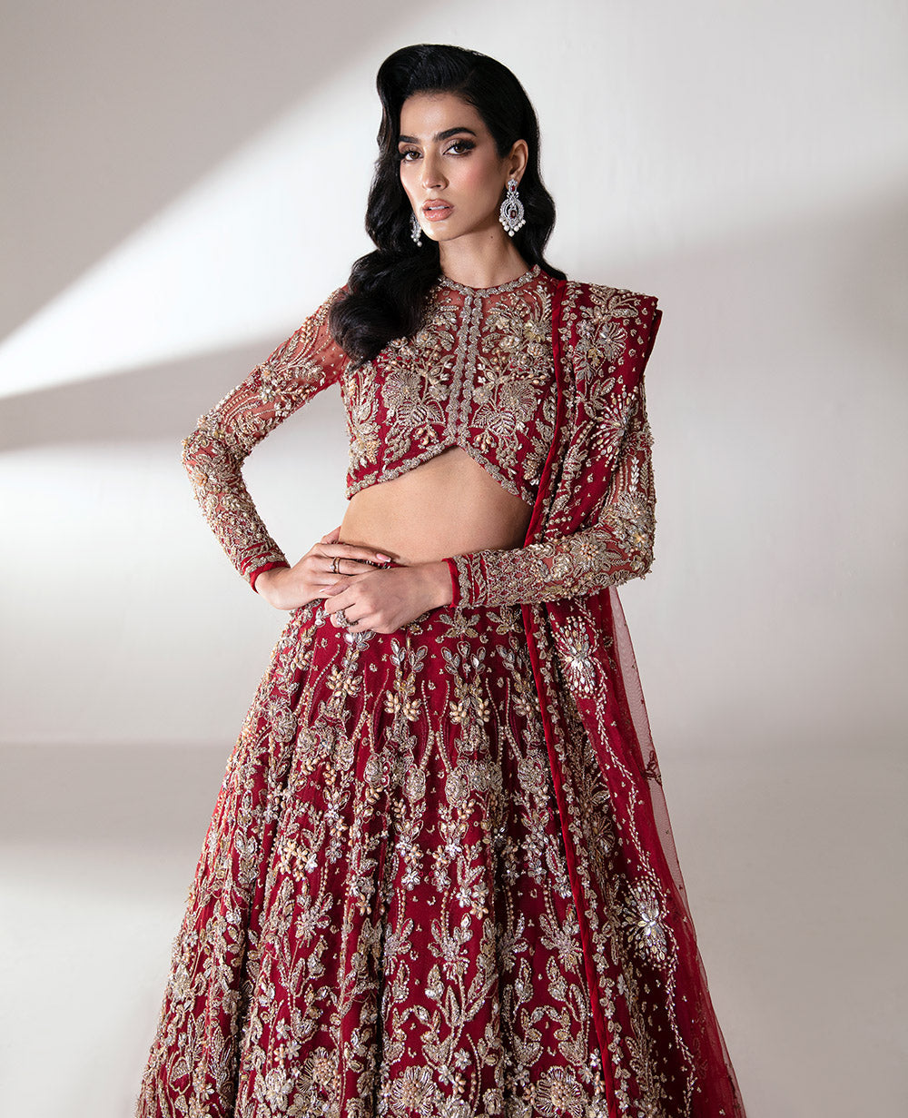 Pakistani Deep Red Embroidered Net Lehenga Choli (3-Piece) - Image 4