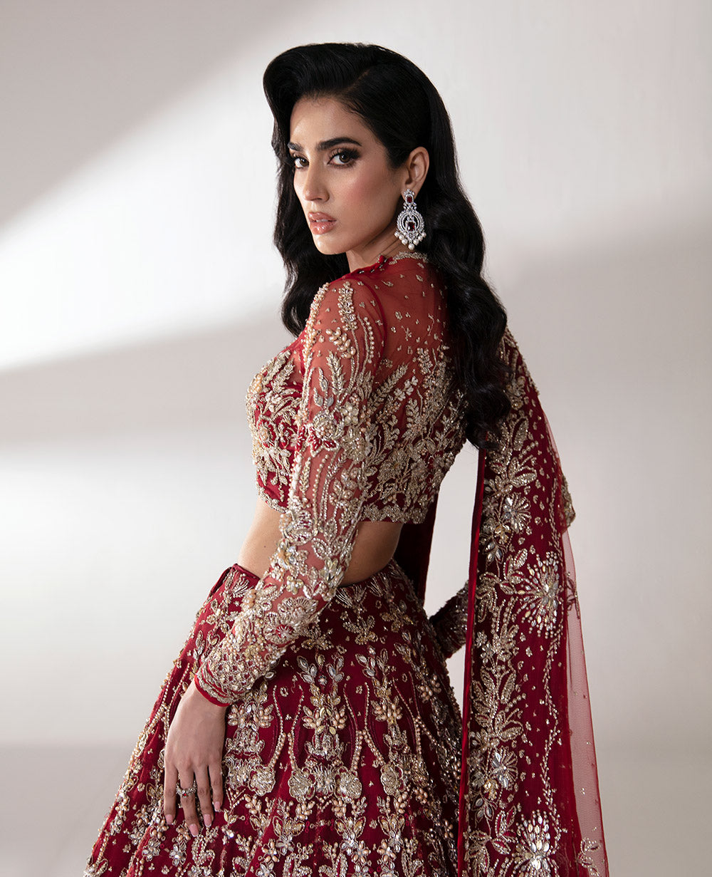 Pakistani Deep Red Embroidered Net Lehenga Choli (3-Piece) - Image 5