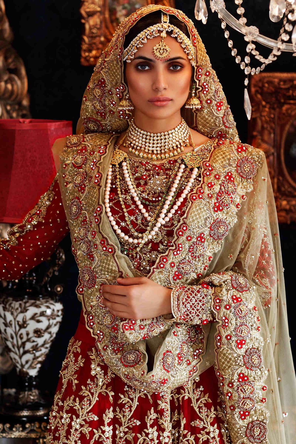 Red & Gold Embroidered Net Bridal Lehenga (3-Piece) - Image 1