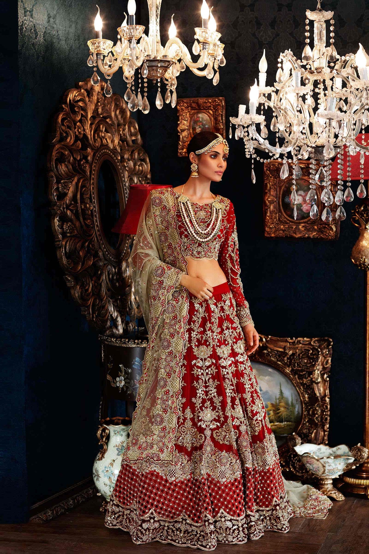 Red & Gold Embroidered Net Bridal Lehenga (3-Piece) - Image 2