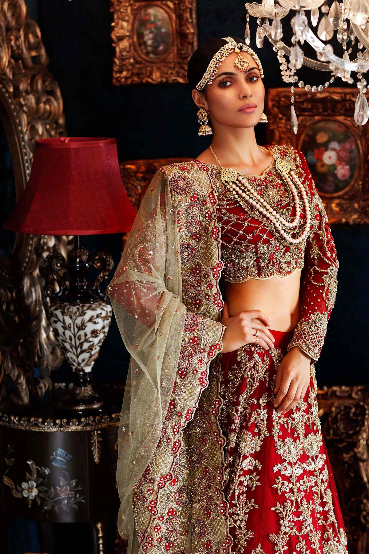 Red & Gold Embroidered Net Bridal Lehenga (3-Piece) - Image 3