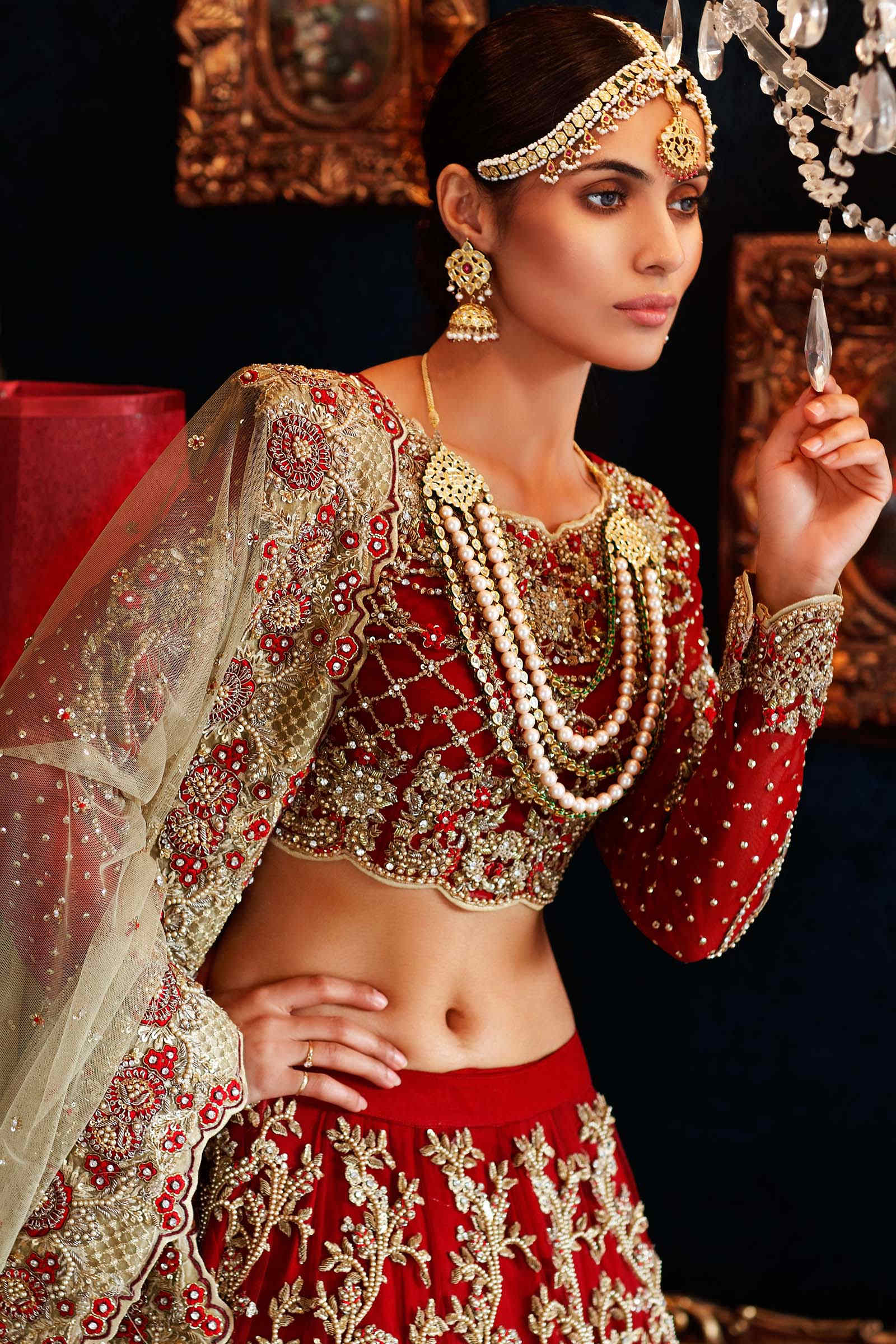 Red & Gold Embroidered Net Bridal Lehenga (3-Piece) - Image 4